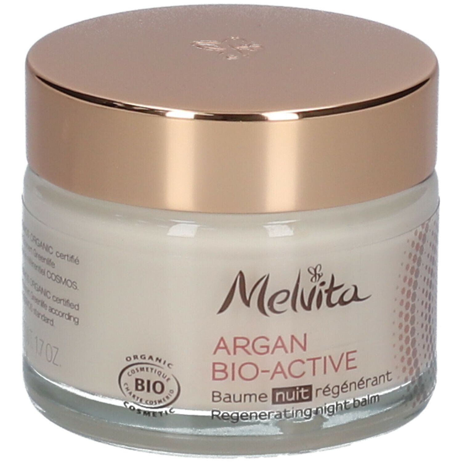 Pot de crème avec couvercle doré. Inscription : Melvita Argan Bio-Active Baume nuit régénérant. Certification bio.