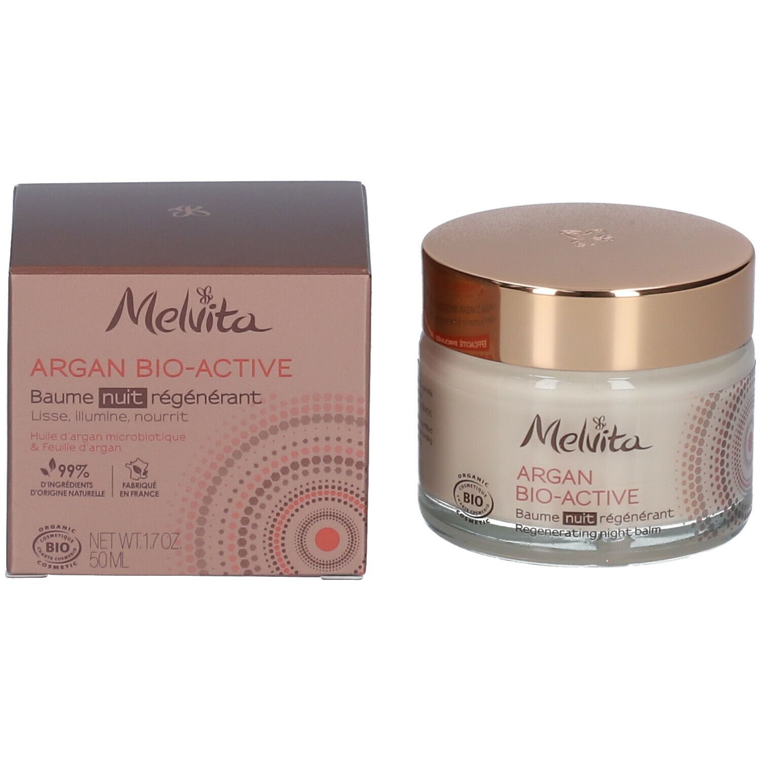 Emballage du produit et pot de crème. Emballage : Melvita Argan Bio-Active Baume nuit régénérant. Certification bio.