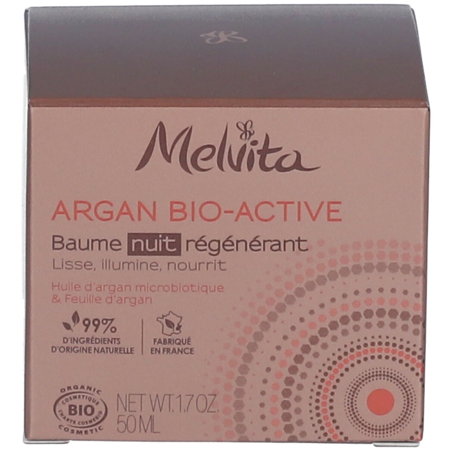 Emballage du produit. Inscription : Melvita Argan Bio-Active Baume nuit régénérant. 99% d'ingrédients d'origine naturelle.