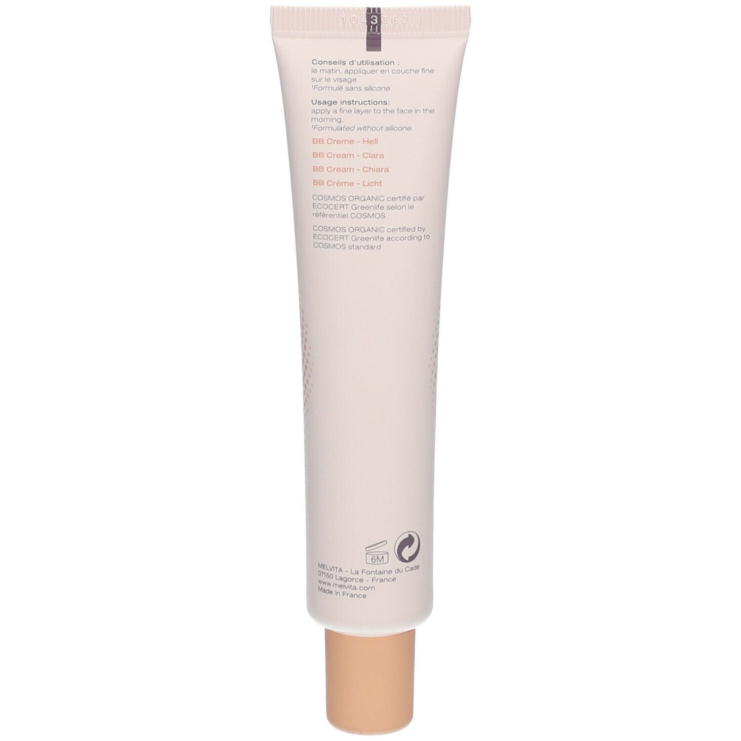Tube de crème avec texte. Inscription: COSMOS ORGANIC, 99% ingrédients d'origine naturelle. Bouchon beige.