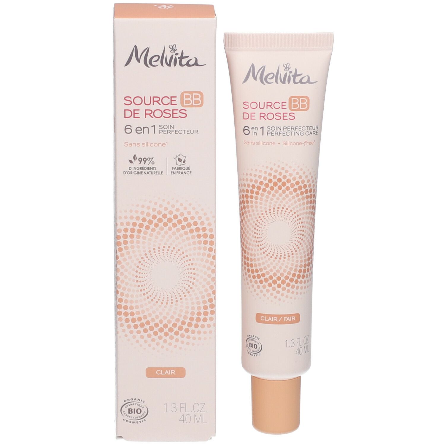 Tube et boîte Melvita BB crème. Inscription: SOURCE BB DE ROSES, 6 en 1, Clair/Fair. Certification Bio.