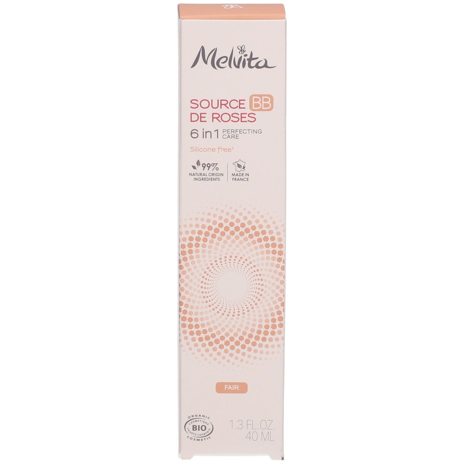 Boîte de crème Melvita BB. Inscription: SOURCE BB DE ROSES, 6 en 1, Clair/Fair. Certification Bio.