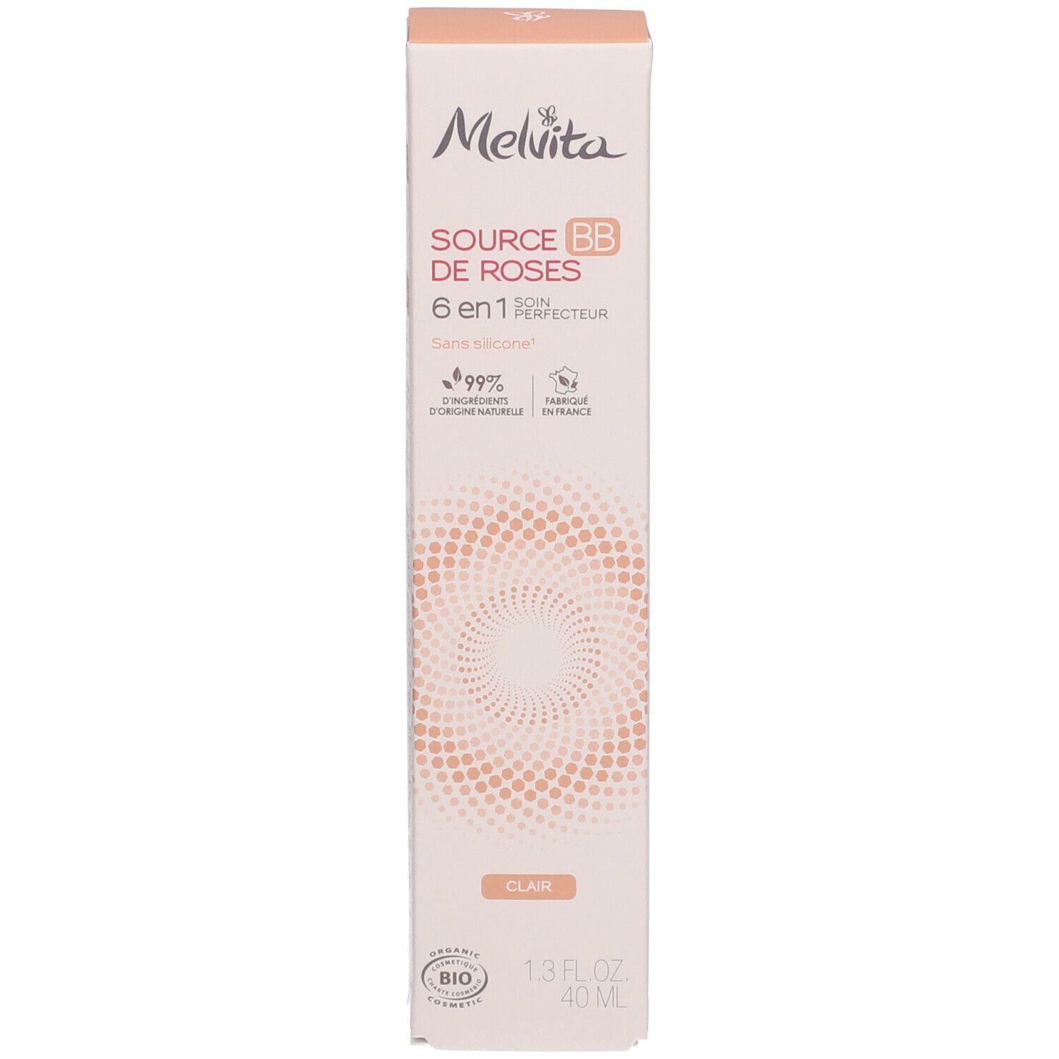 Boîte de crème Melvita BB. Inscription: SOURCE BB DE ROSES, 6 en 1, Clair/Fair. Certification Bio.