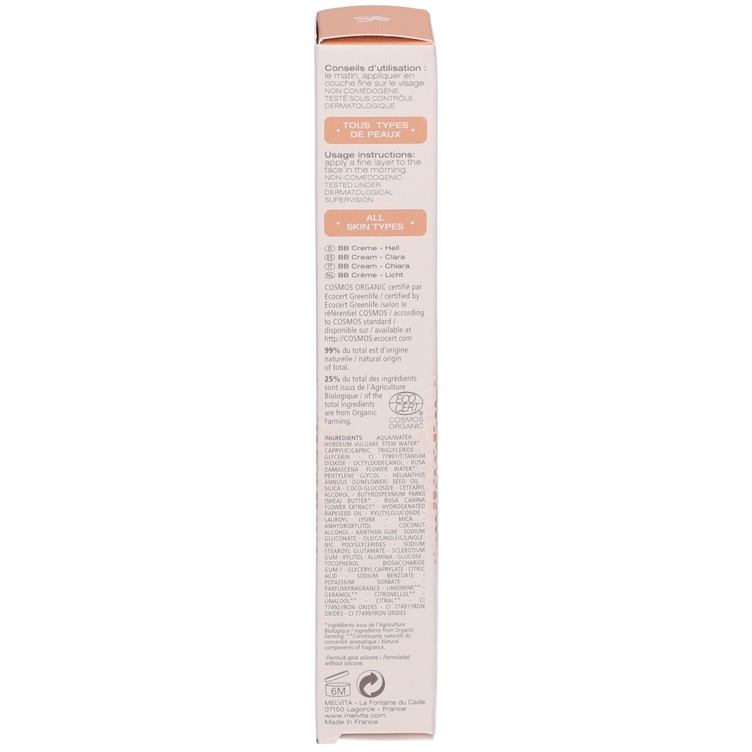Boîte avec texte. Inscription: Tous types de peaux, BB Crème Clair/Light. Certification COSMOS ORGANIC.