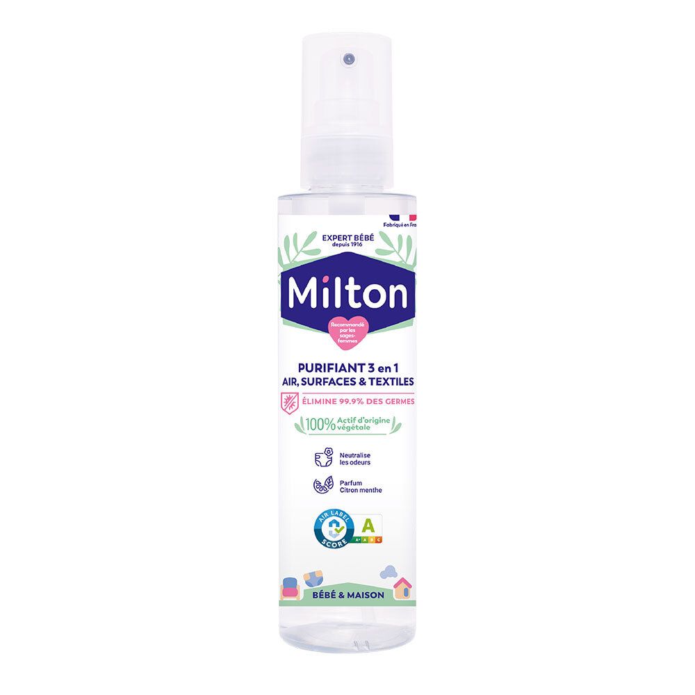 Spray Milton Purifiant 3en1. Flacon avec pulvérisateur. Pour air, surfaces et textiles. Élimine 99,9% des germes.