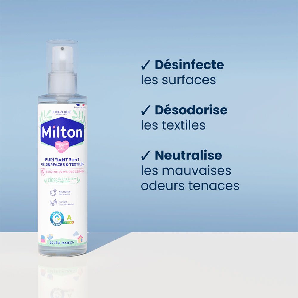 Milton Spray Purifiant 3en1. Désinfecte les surfaces, désodorise les textiles et neutralise les mauvaises odeurs tenaces.