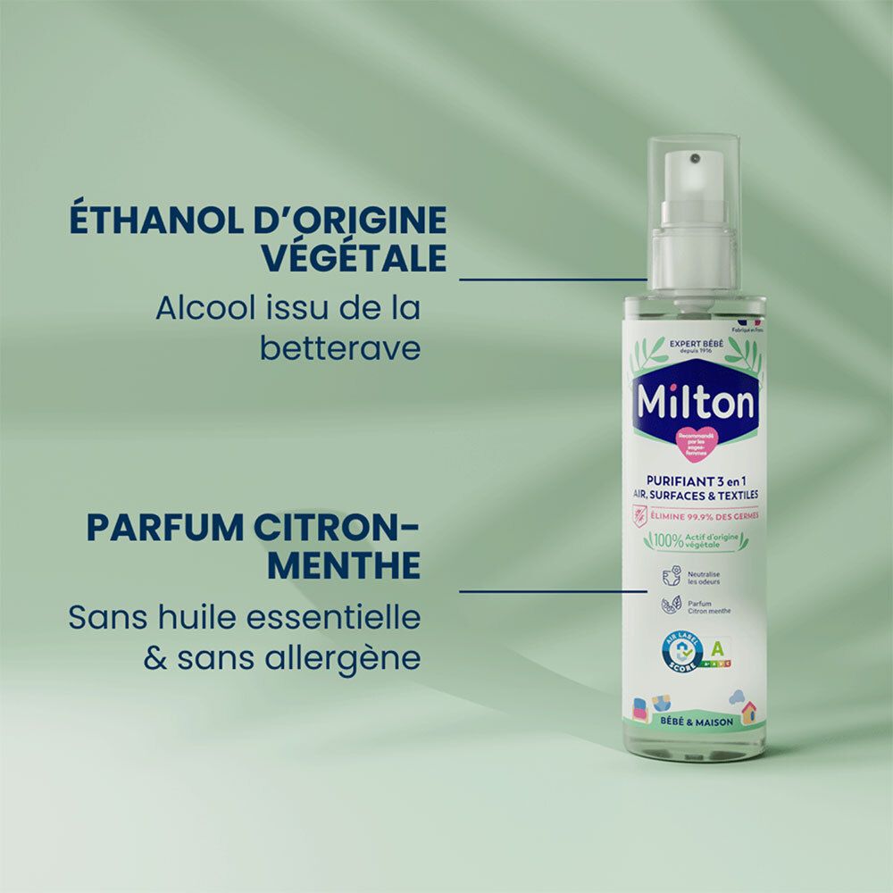 Milton Spray Purifiant 3en1. Contient de l'alcool d'origine végétale. Parfum citron-menthe. Sans huile essentielle et allergène.