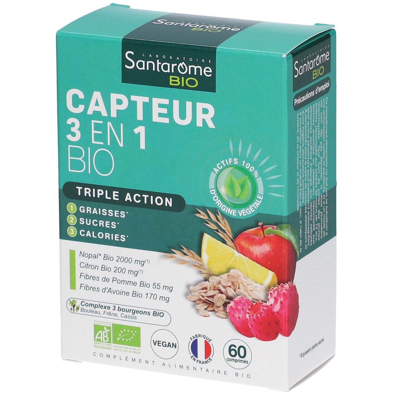 Boîte Santarome Bio Capteur 3 en 1 Bio. Inscription: CAPTEUR 3 EN 1 BIO. Illustration de fruits et de céréales.