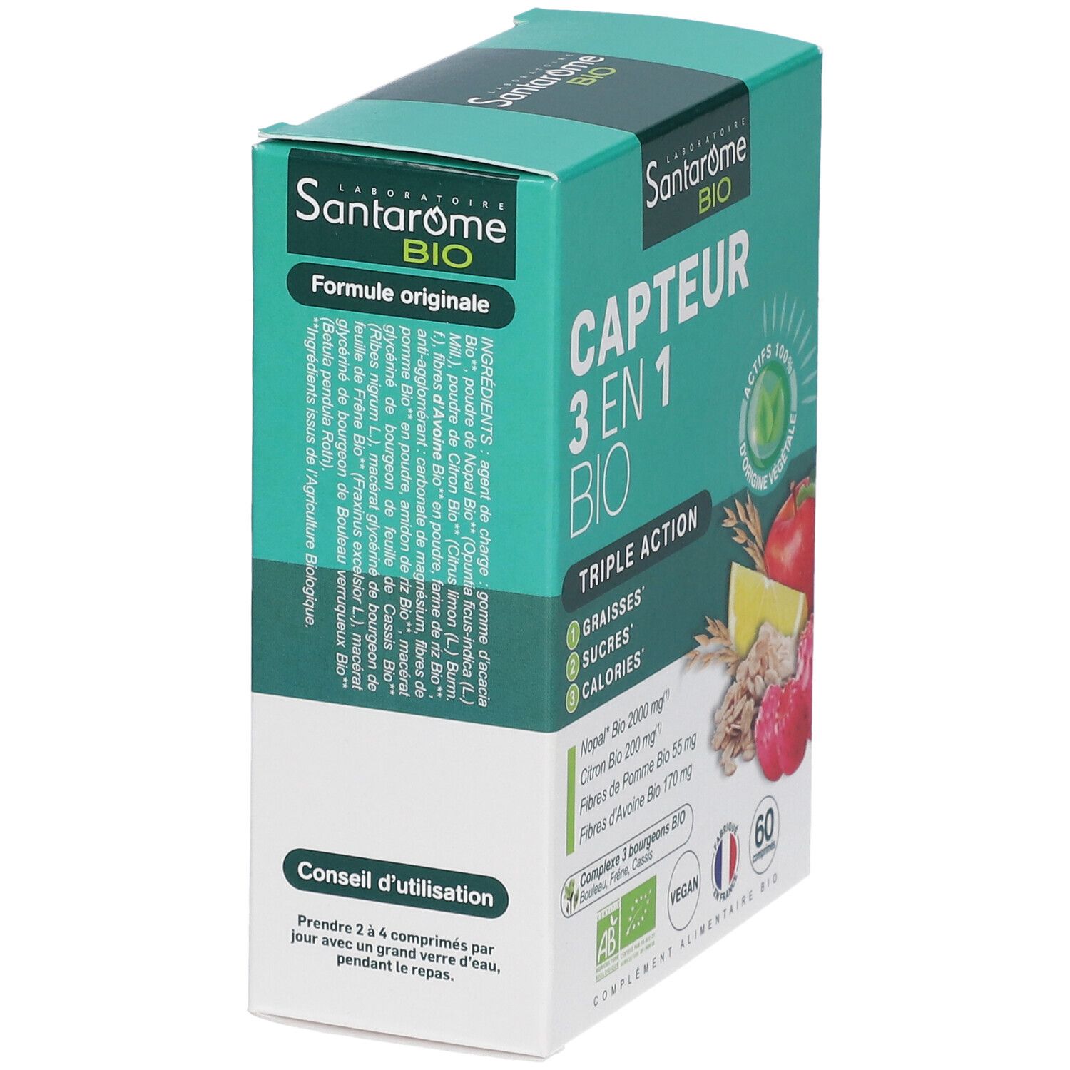 Boîte Santarome Bio Capteur 3 en 1 Bio. Inscription: CAPTEUR 3 EN 1 BIO. Texte sur les ingrédients et l'utilisation.
