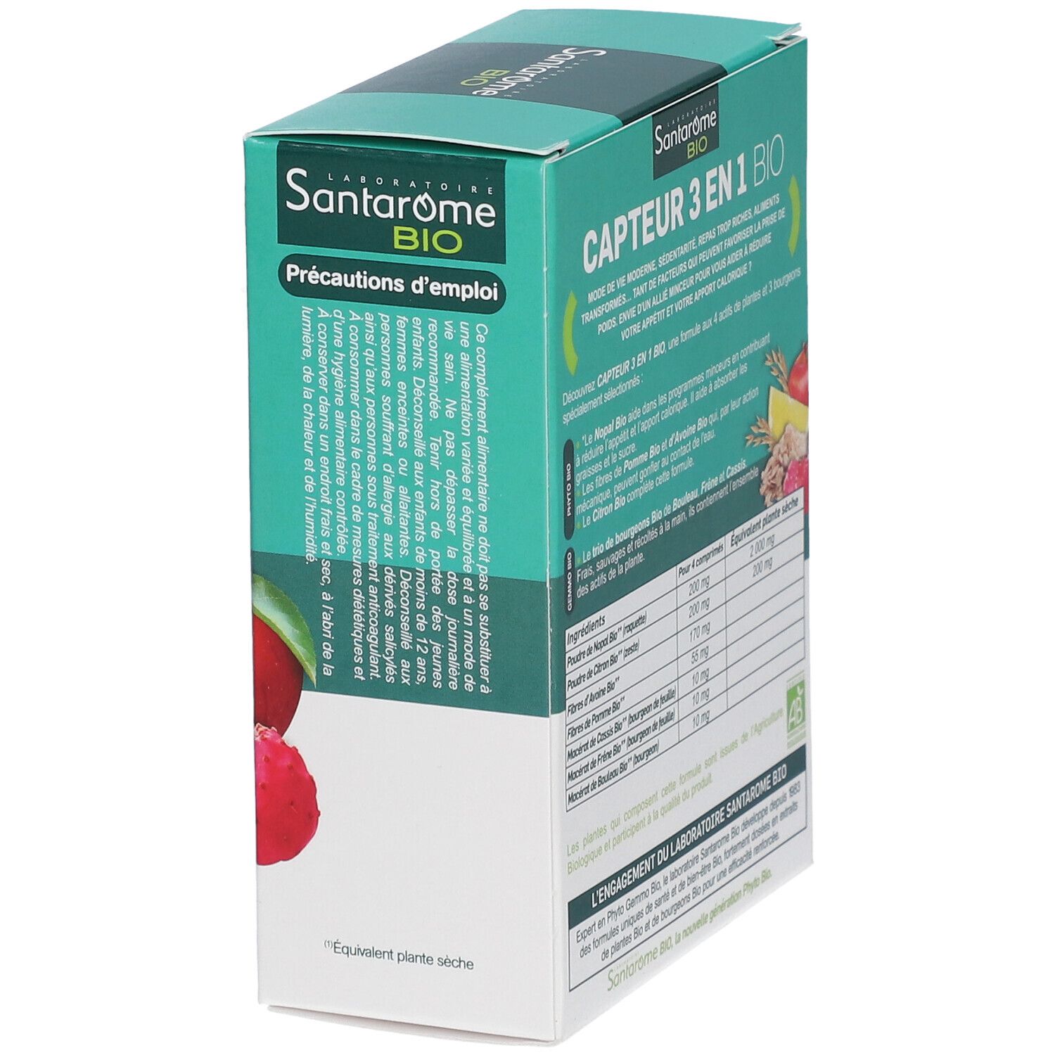 Boîte Santarome Bio Capteur 3 en 1 Bio. Inscription: CAPTEUR 3 EN 1 BIO. Texte sur les précautions d'emploi.