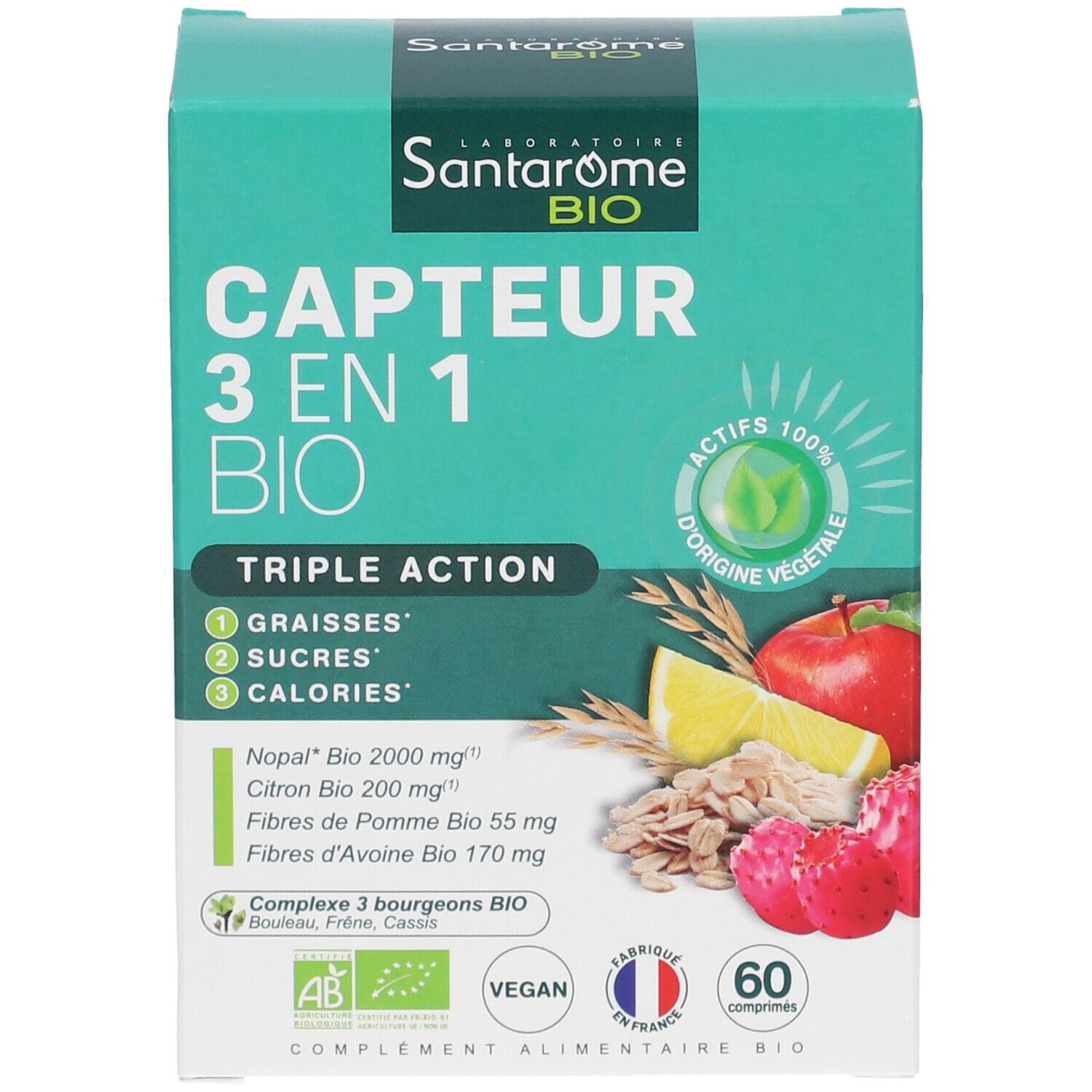 Boîte Santarome Bio Capteur 3 en 1 Bio. Inscription: CAPTEUR 3 EN 1 BIO. Illustration de fruits et de céréales.