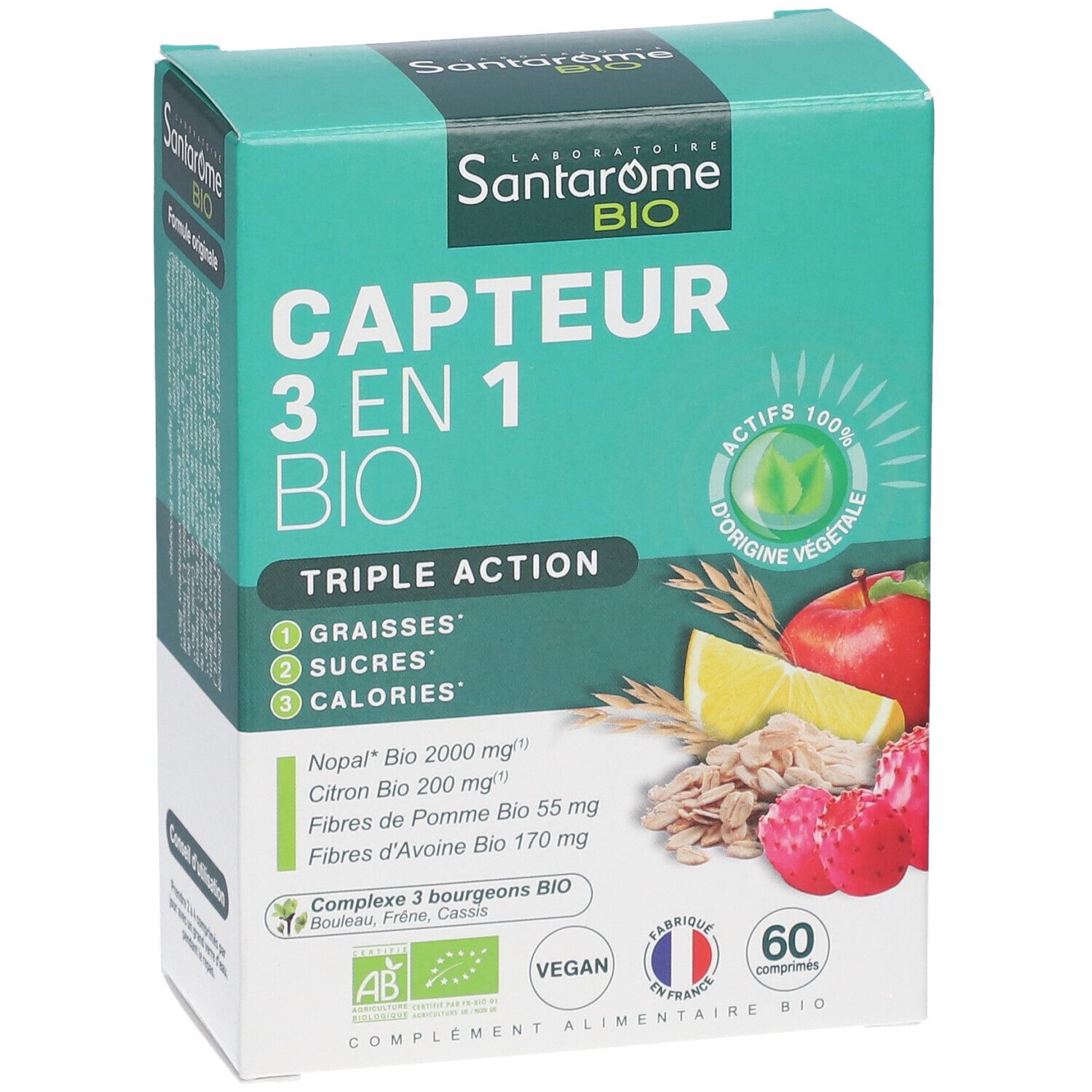 Boîte Santarome Bio Capteur 3 en 1 Bio. Inscription: CAPTEUR 3 EN 1 BIO. Illustration de fruits et de céréales.