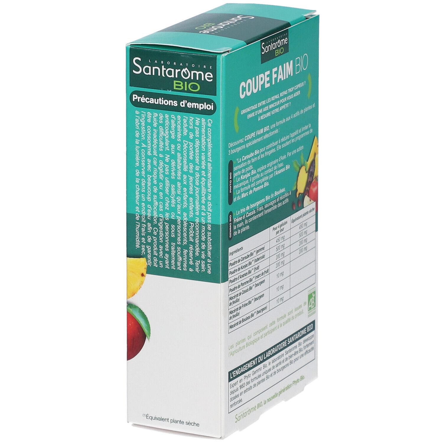 Vue latérale de la boîte Santarome Bio Coupe Faim Bio avec précautions d'emploi et logos bio.