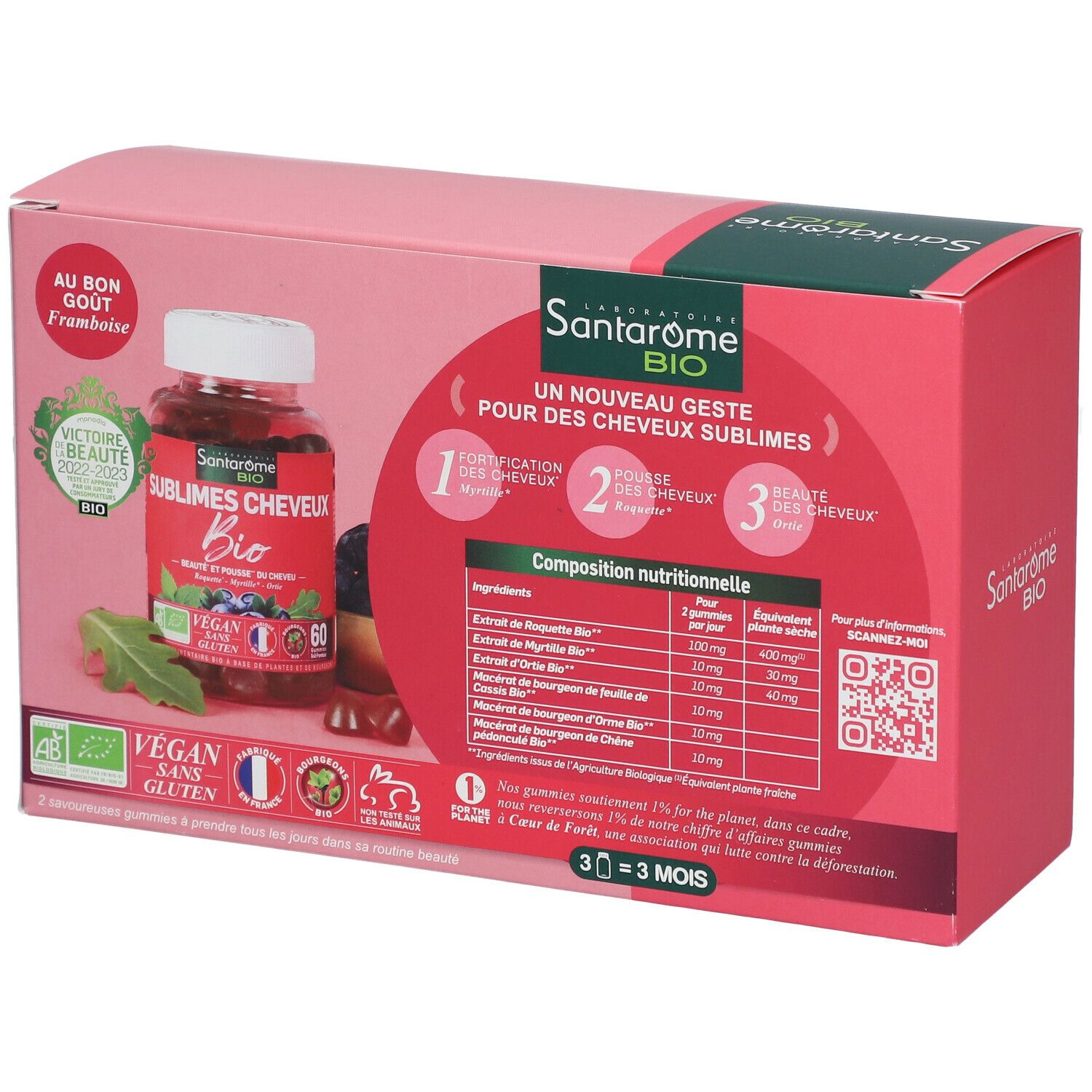 Boîte rose avec gummies Santarome Bio. Visible : nom du produit, ingrédients, 60 gummies.