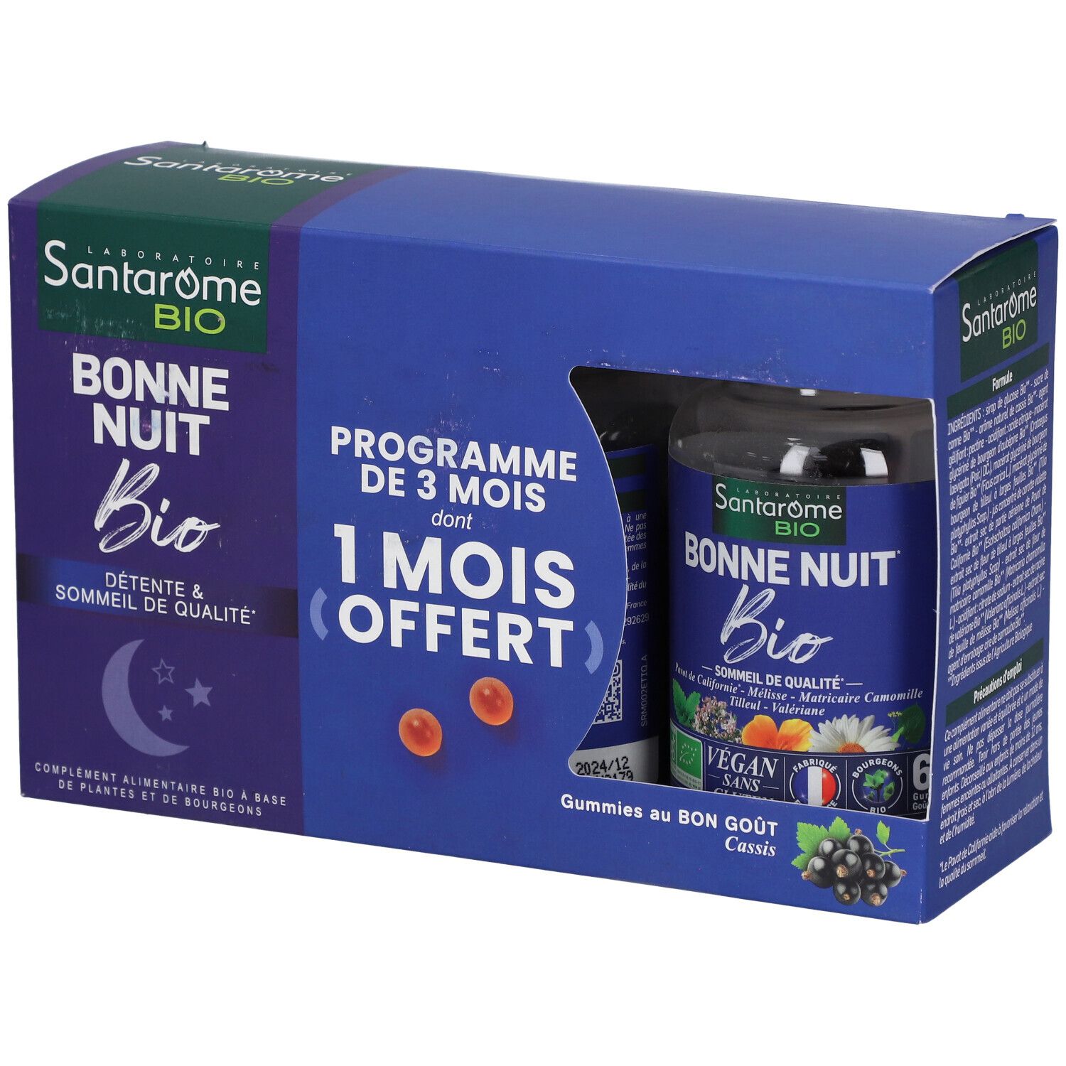 Boîte bleue et blanche Santarome Bio Bonne Nuit. Visible : flacon de gummies, texte et logo. Offre 1 mois offert.