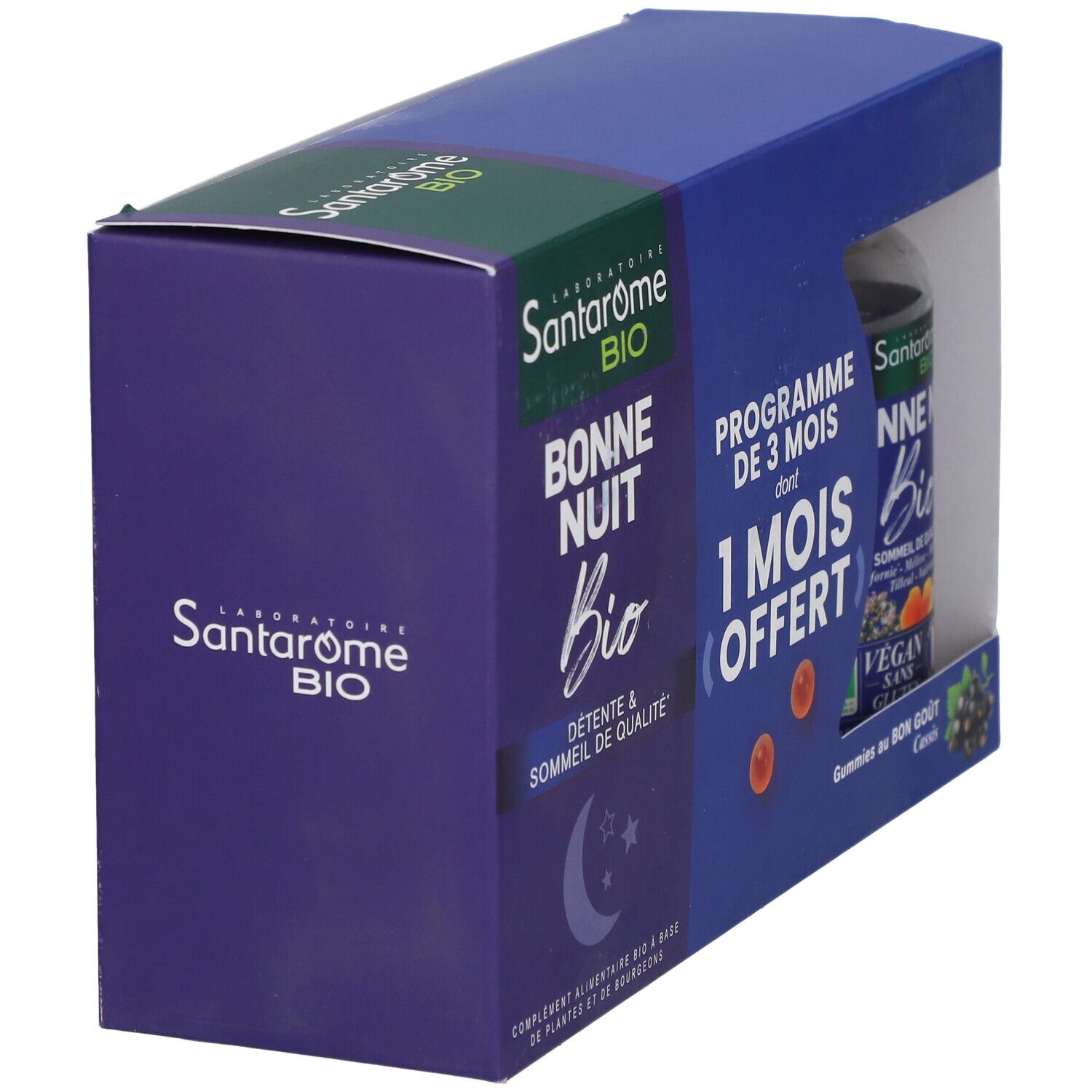 Emballage bleu Santarome Bio. Visible : texte Bonne Nuit Bio, logo et flacon de gummies. Vue de côté.