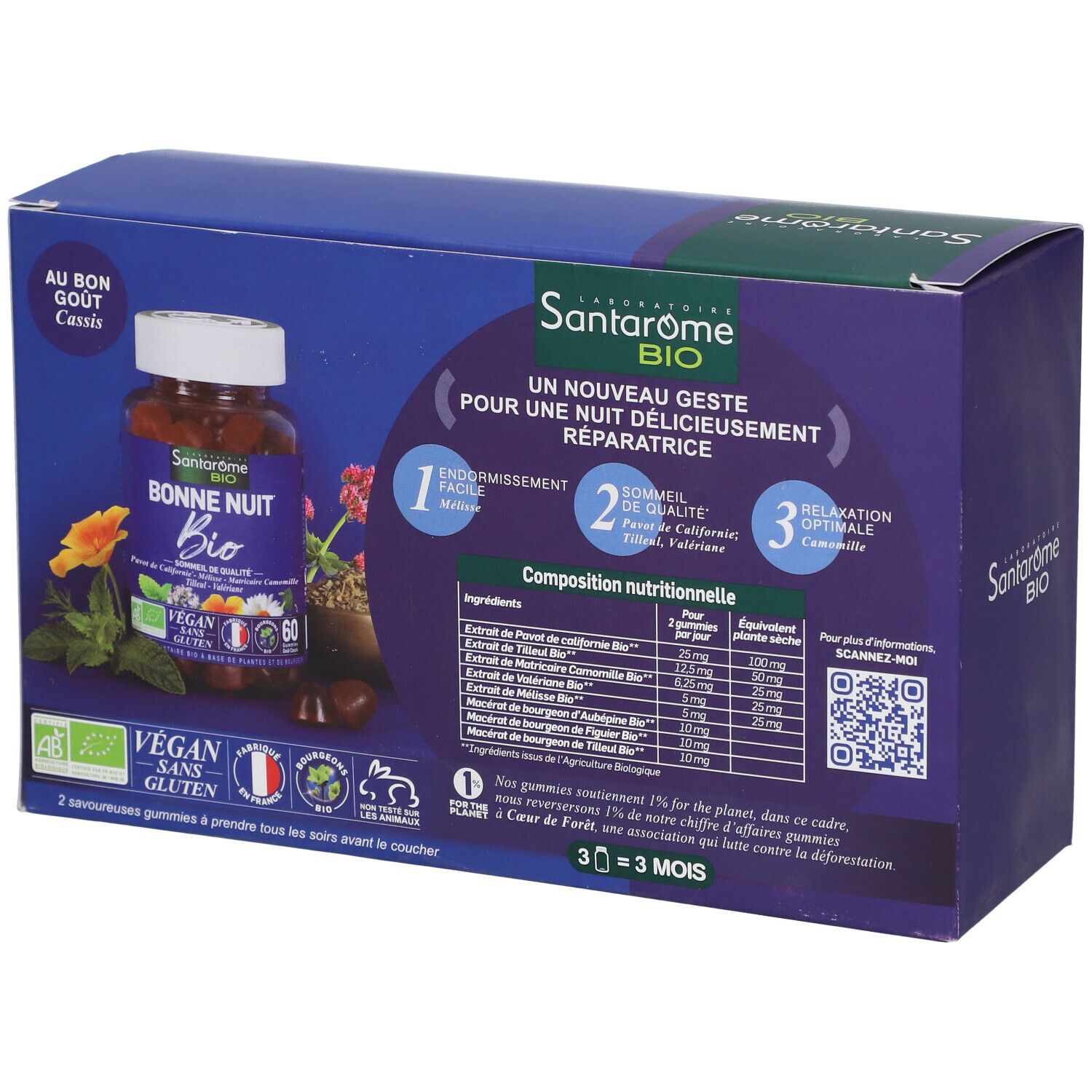 Emballage Santarome Bio Bonne Nuit. Visible : flacon de gummies, liste d'ingrédients, texte et logo. Certification vegan.
