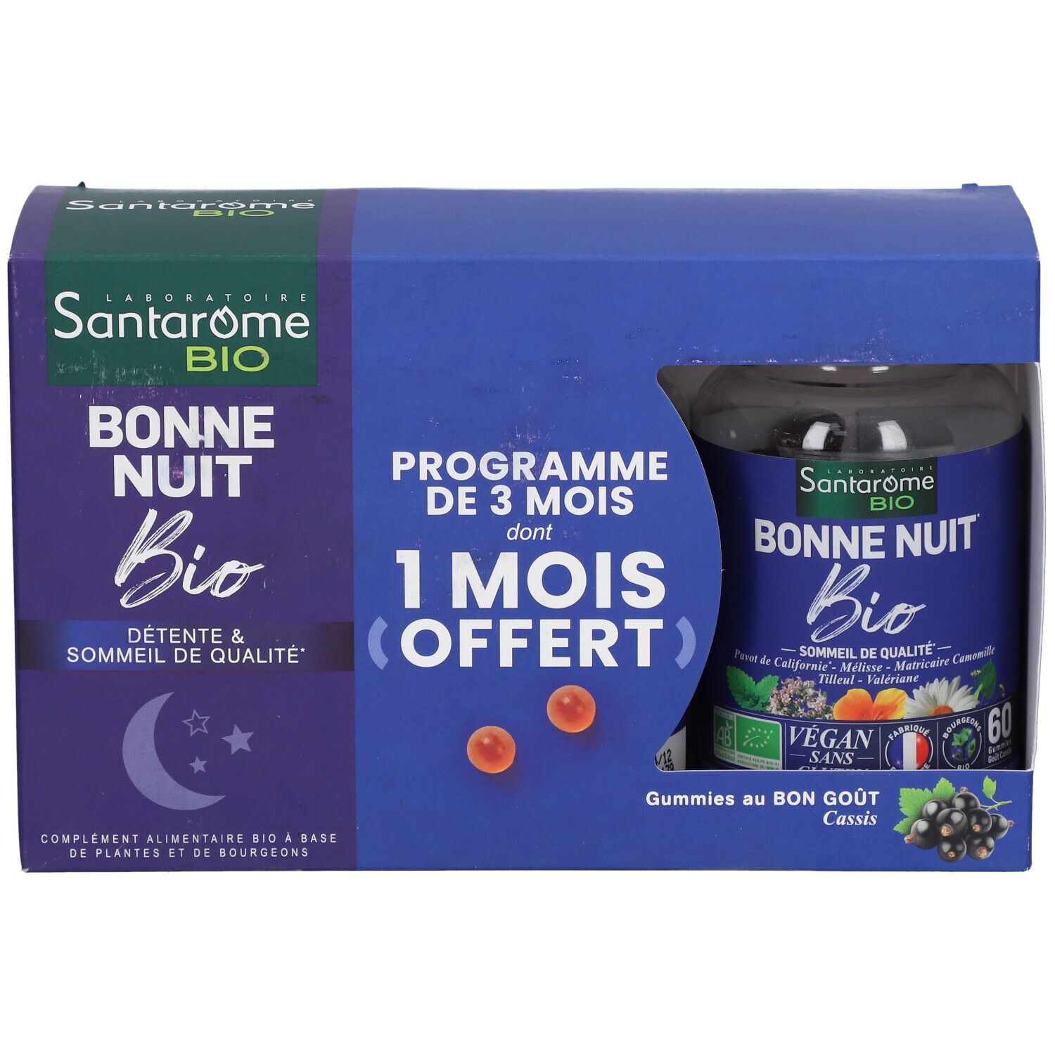 Boîte bleue et blanche Santarome Bio Bonne Nuit. Visible : flacon de gummies, texte et logo. 1 mois offert.