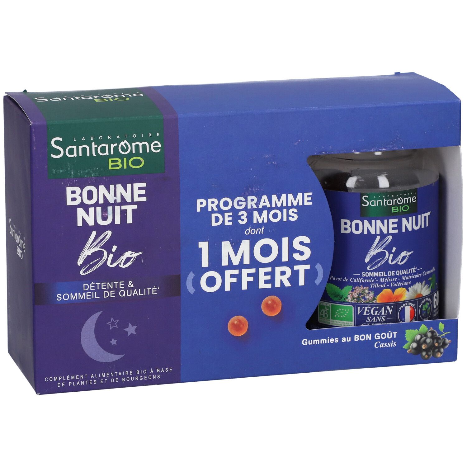 Boîte bleue et blanche Santarome Bio Bonne Nuit. Visible : flacon de gummies, texte et logo. 1 mois offert.