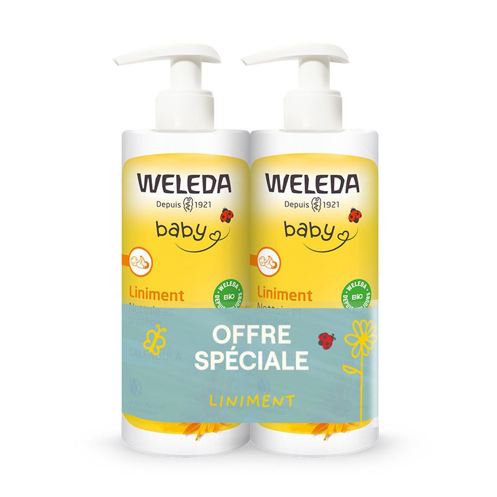 Deux flacons WELEDA Baby Liniment avec pompe. Inscription : Baby, Liniment, Bio. Emballage spécial offre.