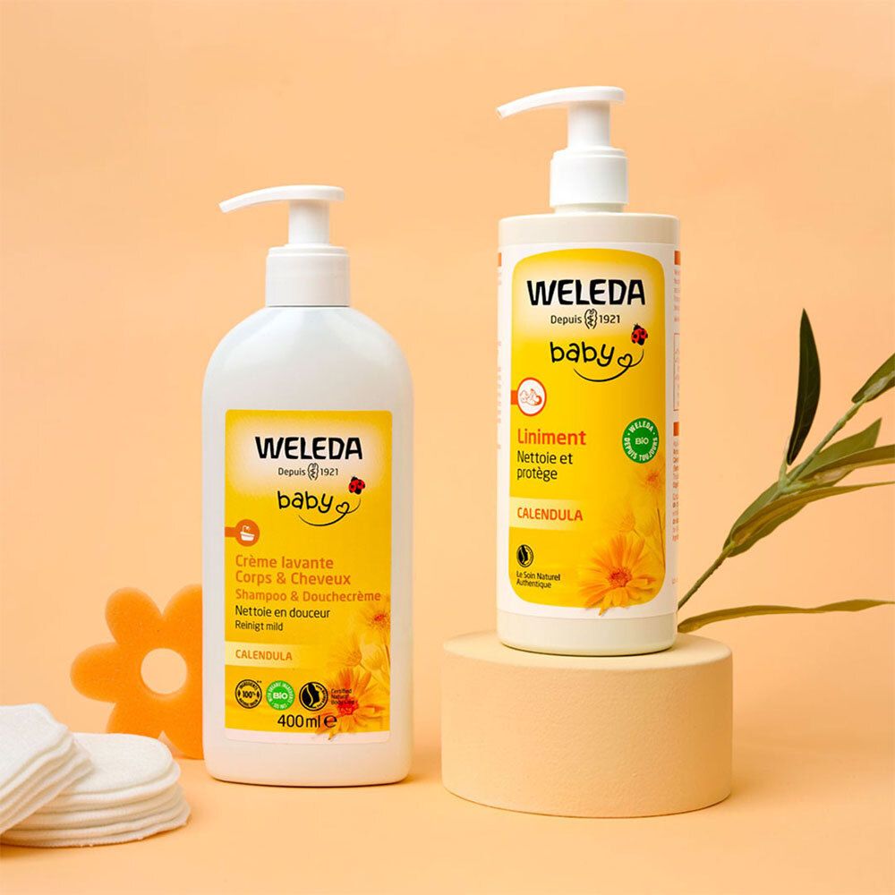 Deux flacons de produits WELEDA Baby. À gauche crème, à droite liniment. Inscription : Baby, Calendula, Bio.