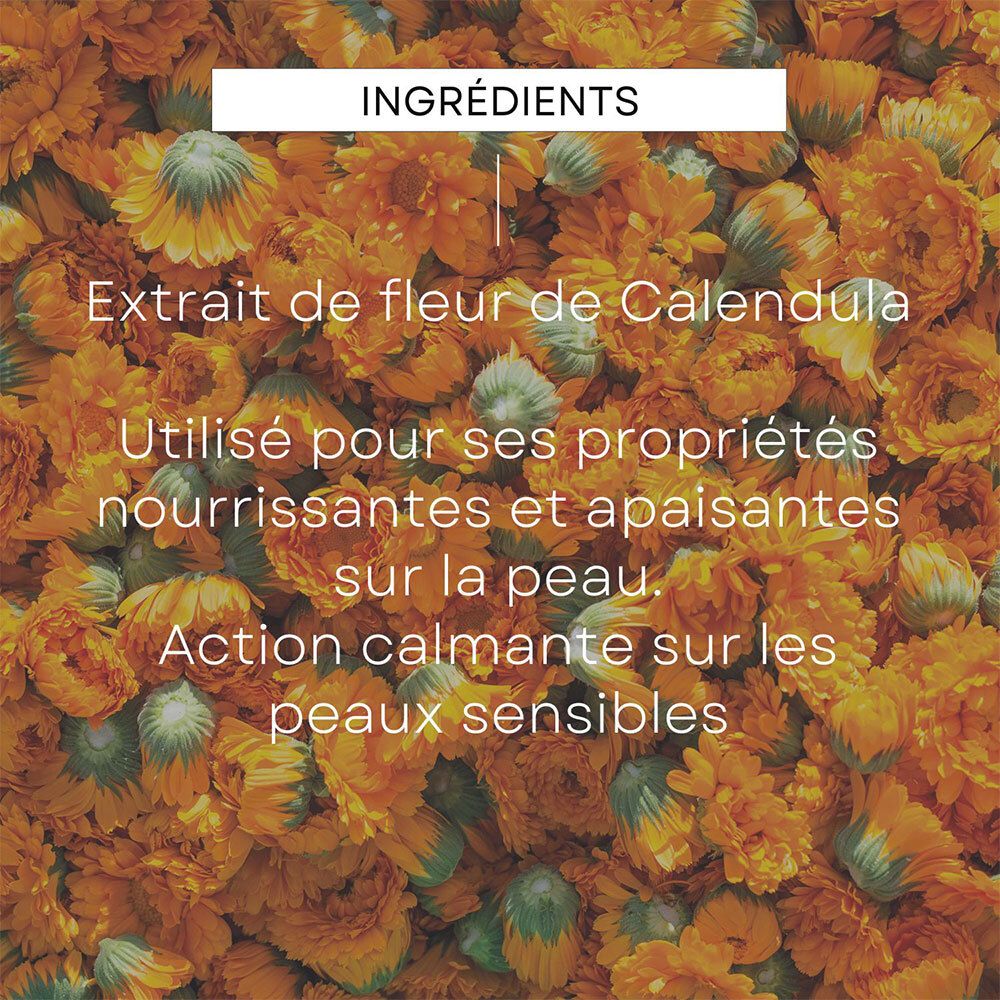 Texte sur les ingrédients. Extrait de fleur de Calendula. Pour ses propriétés nourrissantes et apaisantes.
