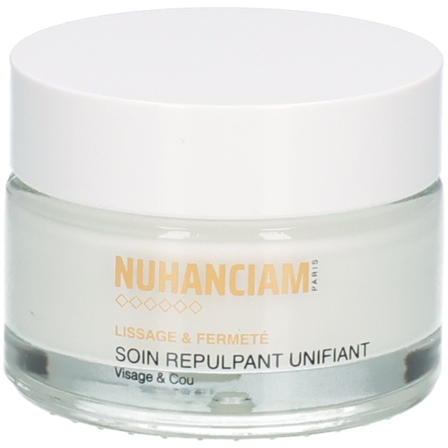 Pot Nuhanciam avec couvercle blanc. Contient une crème lissante et raffermissante pour le visage et le cou.