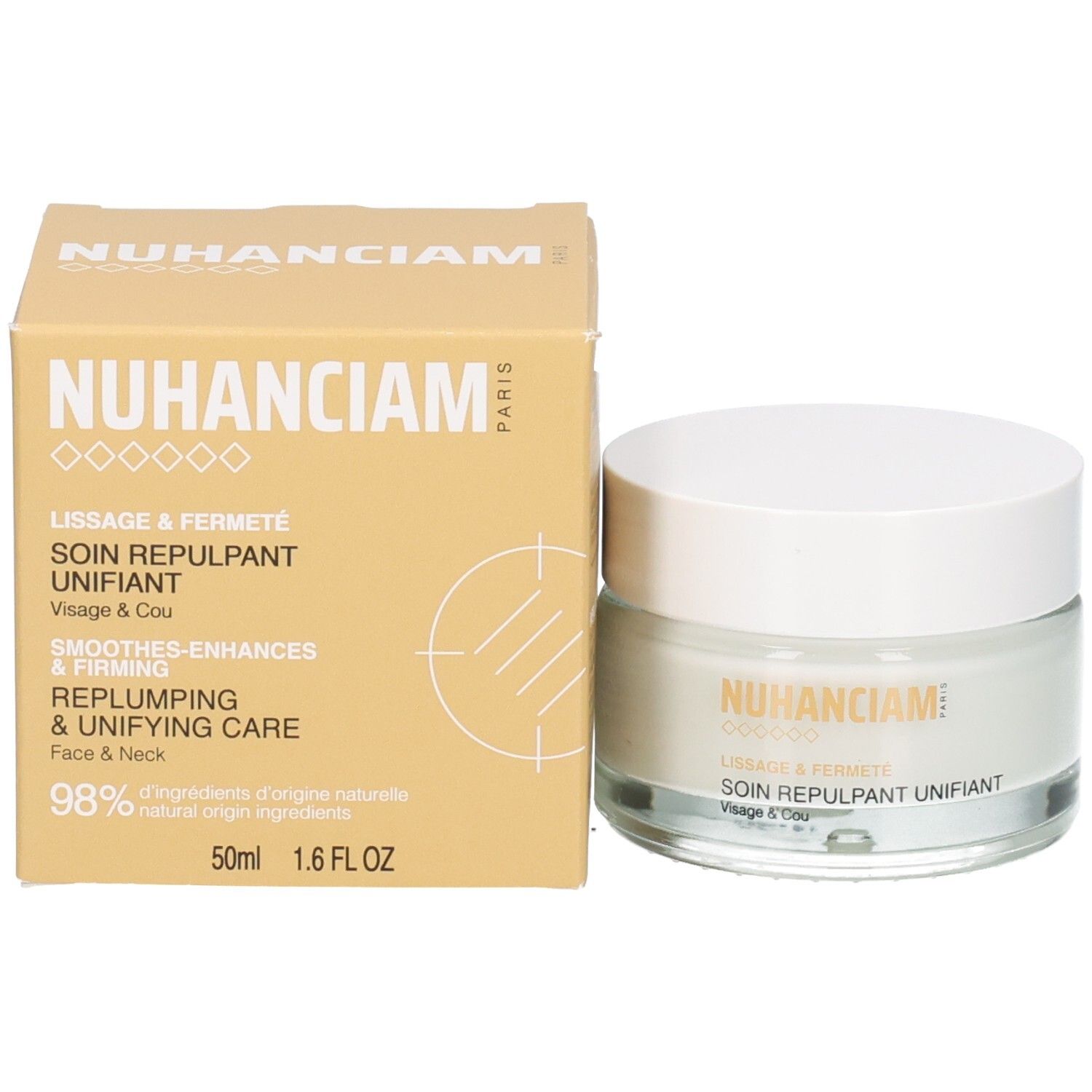 Pot et boîte Nuhanciam. Soin visage et cou, 50ml, 98% d'ingrédients naturels.