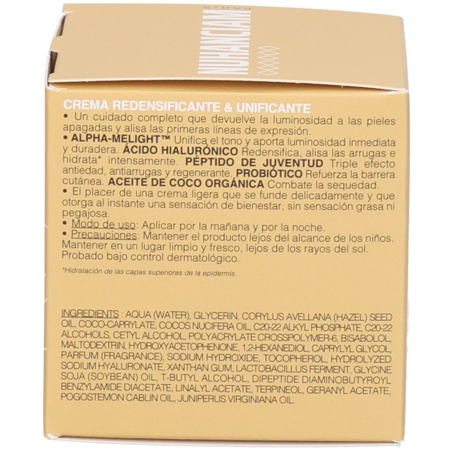 Arrière de la boîte Nuhanciam avec informations détaillées sur le produit et les ingrédients en espagnol.
