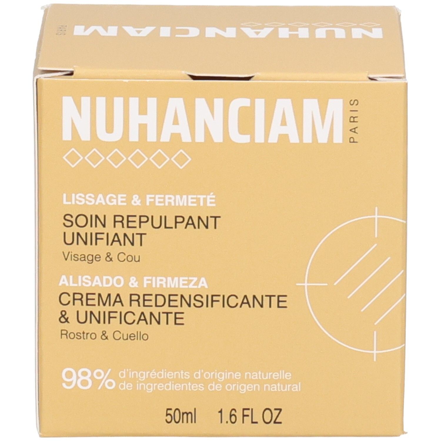 Côté de la boîte Nuhanciam avec description du produit en français et en anglais.