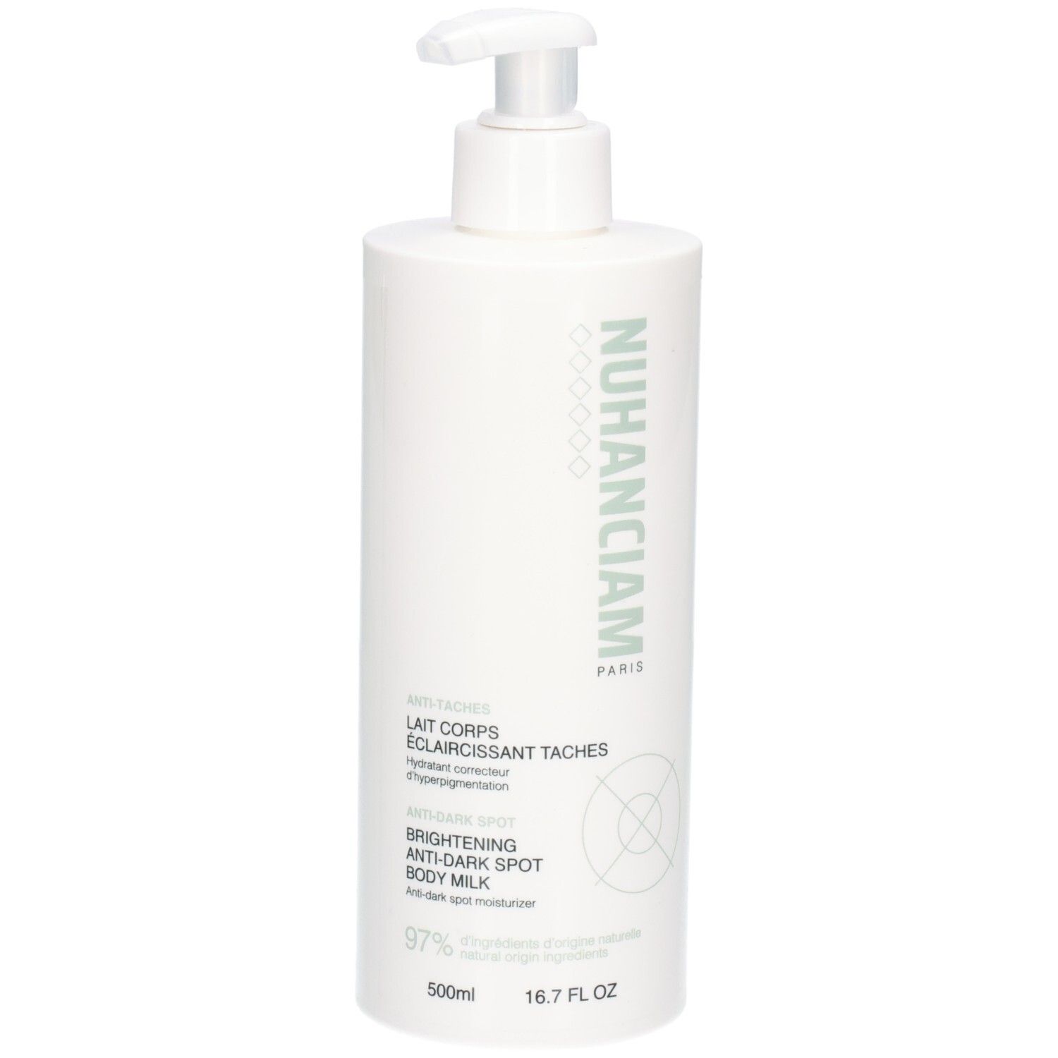 Flacon pompe blanc Nuhanciam Lait Corps Éclaircissant Taches, 500ml.