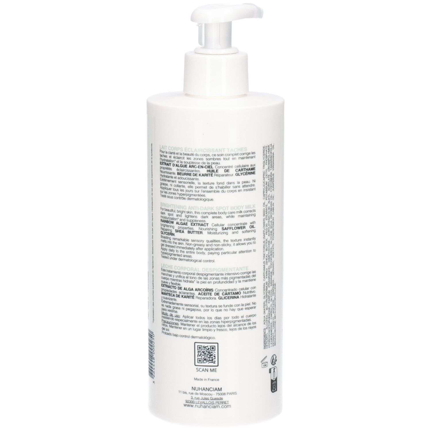 Arrière d'un flacon pompe blanc Nuhanciam Lait Corps Éclaircissant Taches avec ingrédients et instructions.