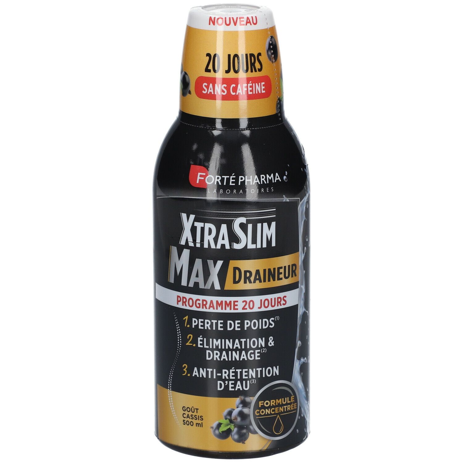 Bouteille noire. Inscription: XtraSlim Max Draineur, 20 jours, sans caféine. Goût cassis. Formule concentrée.