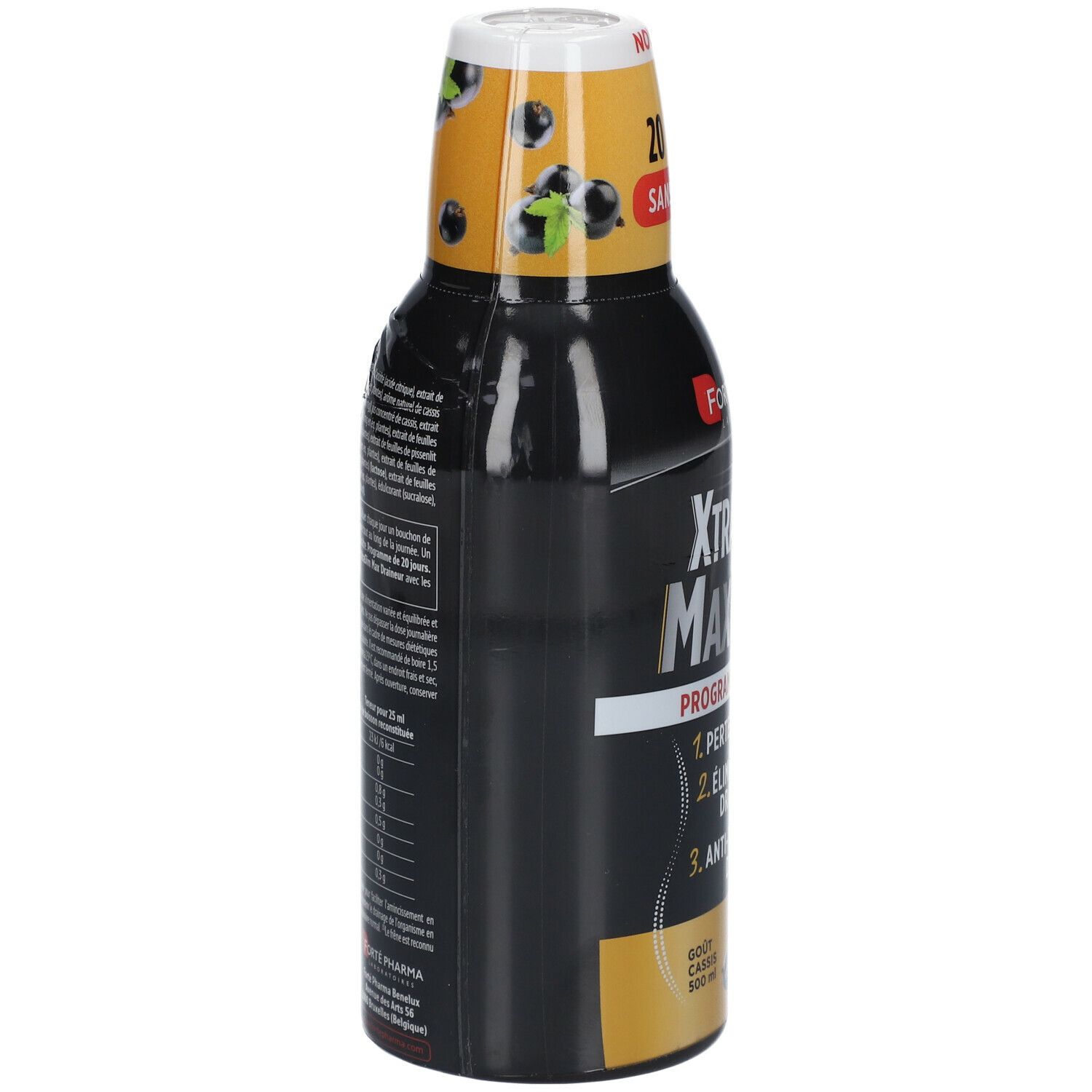 Bouteille noire. Inscription: XtraSlim Max Draineur. Côté avec ingrédients et tableau nutritionnel. Bouchon jaune.
