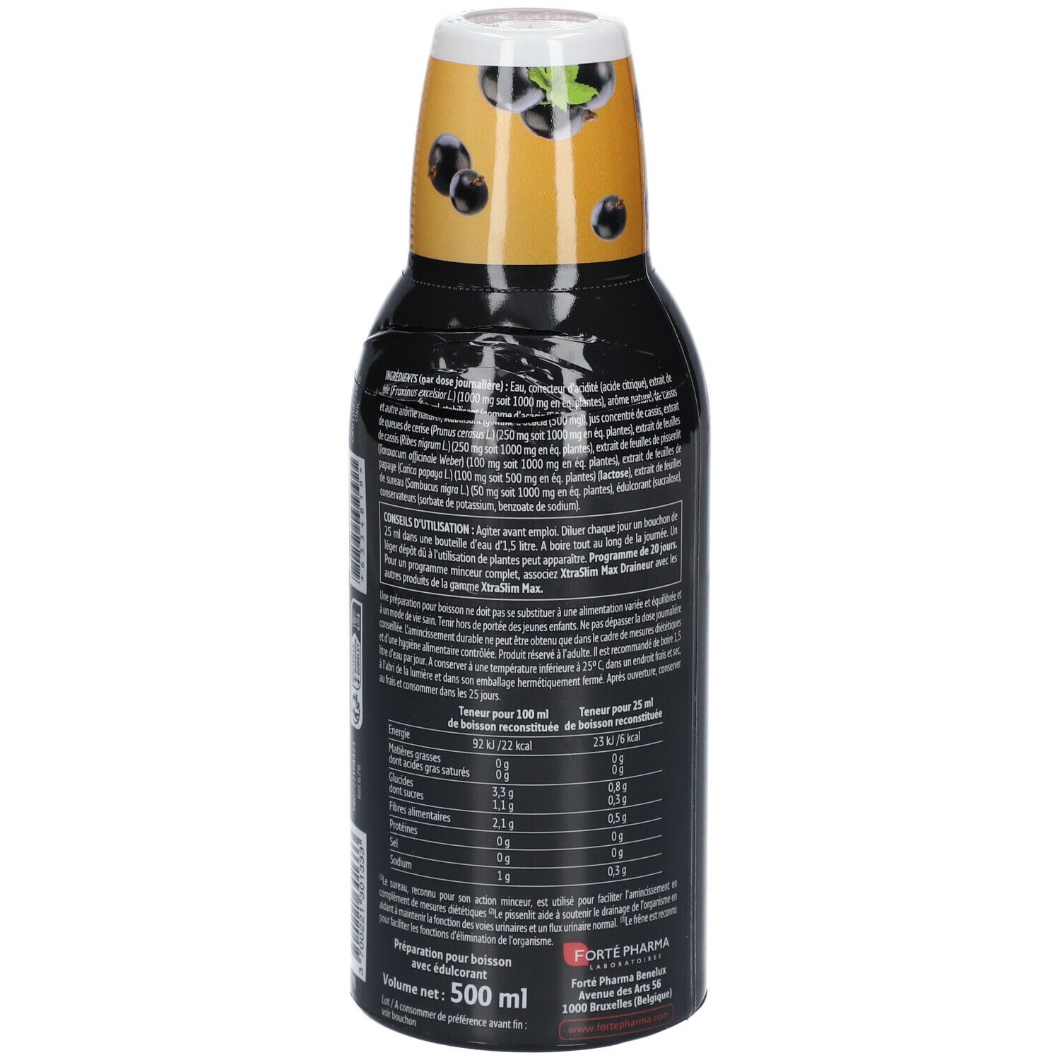 Bouteille noire. Inscription: XtraSlim Max Draineur. Dos avec ingrédients et tableau nutritionnel. Bouchon jaune.