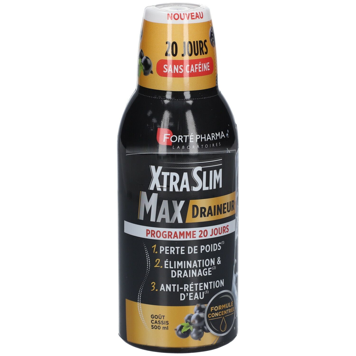 Bouteille noire. Inscription: XtraSlim Max Draineur, 20 jours, sans caféine. Goût cassis. Formule concentrée.