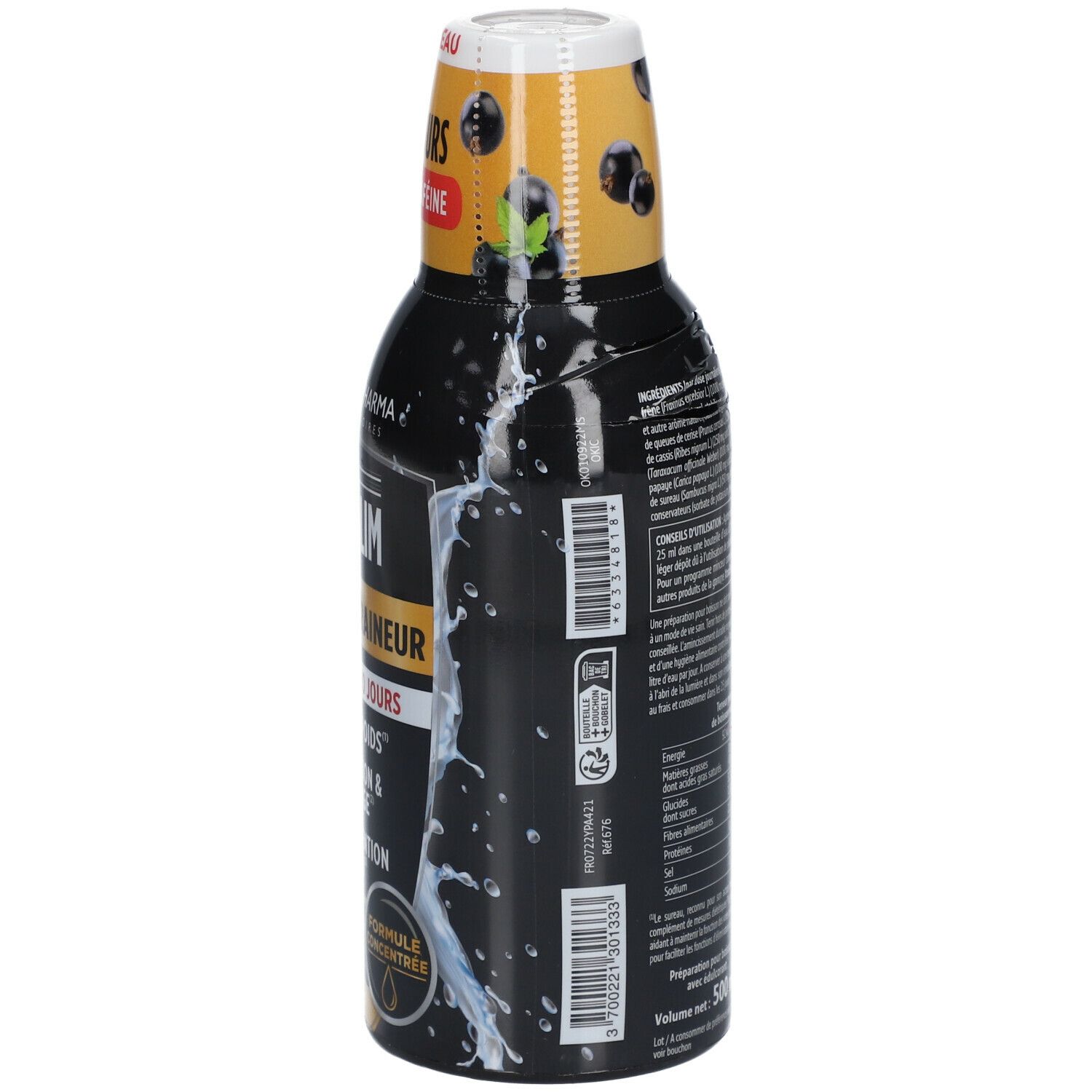 Bouteille noire. Inscription: XtraSlim Max Draineur. Côté avec ingrédients et tableau nutritionnel. Bouchon jaune.