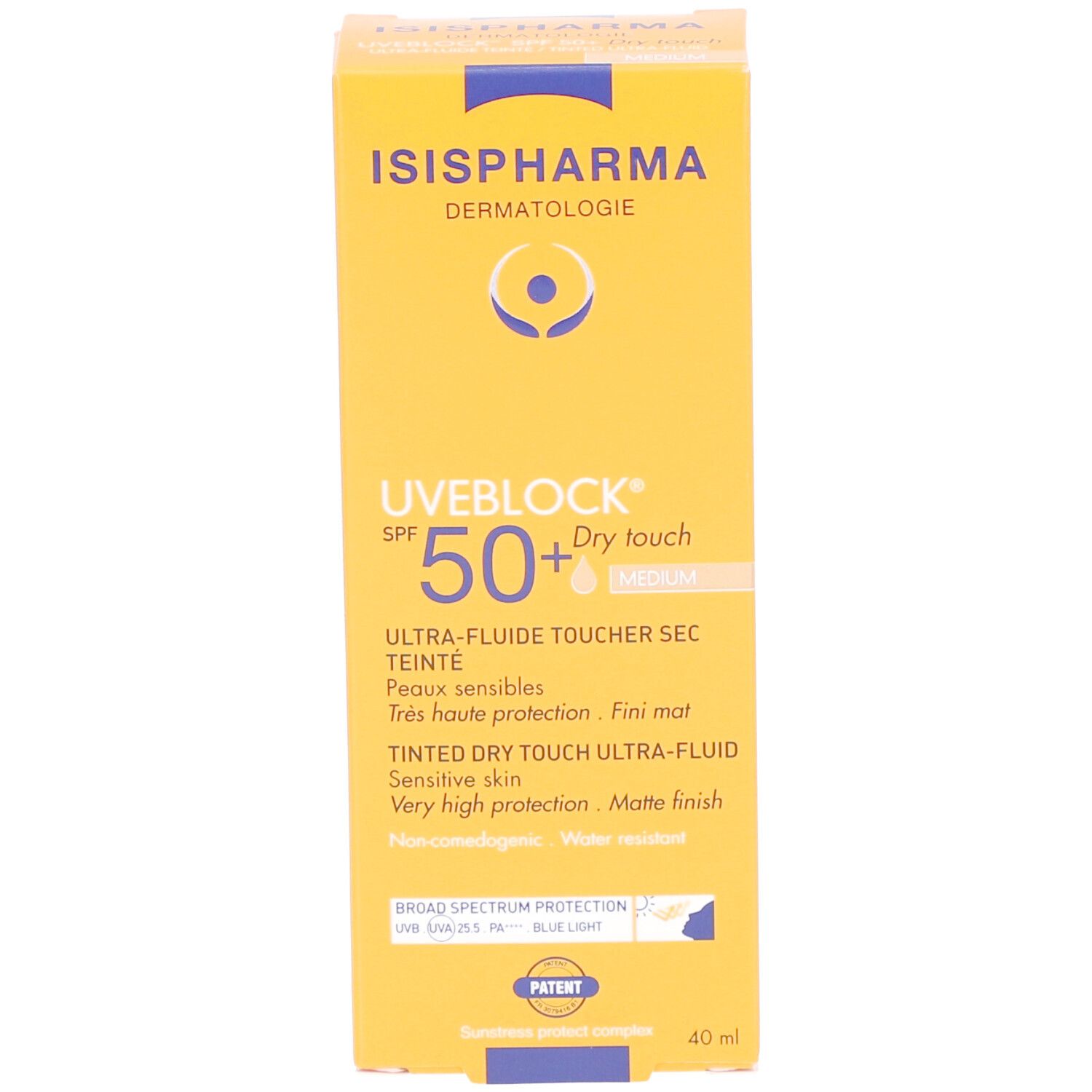 Emballage produit : boîte ISISPHARMA Uveblock SPF 50+ Dry Touch Medium. Jaune. Texte.