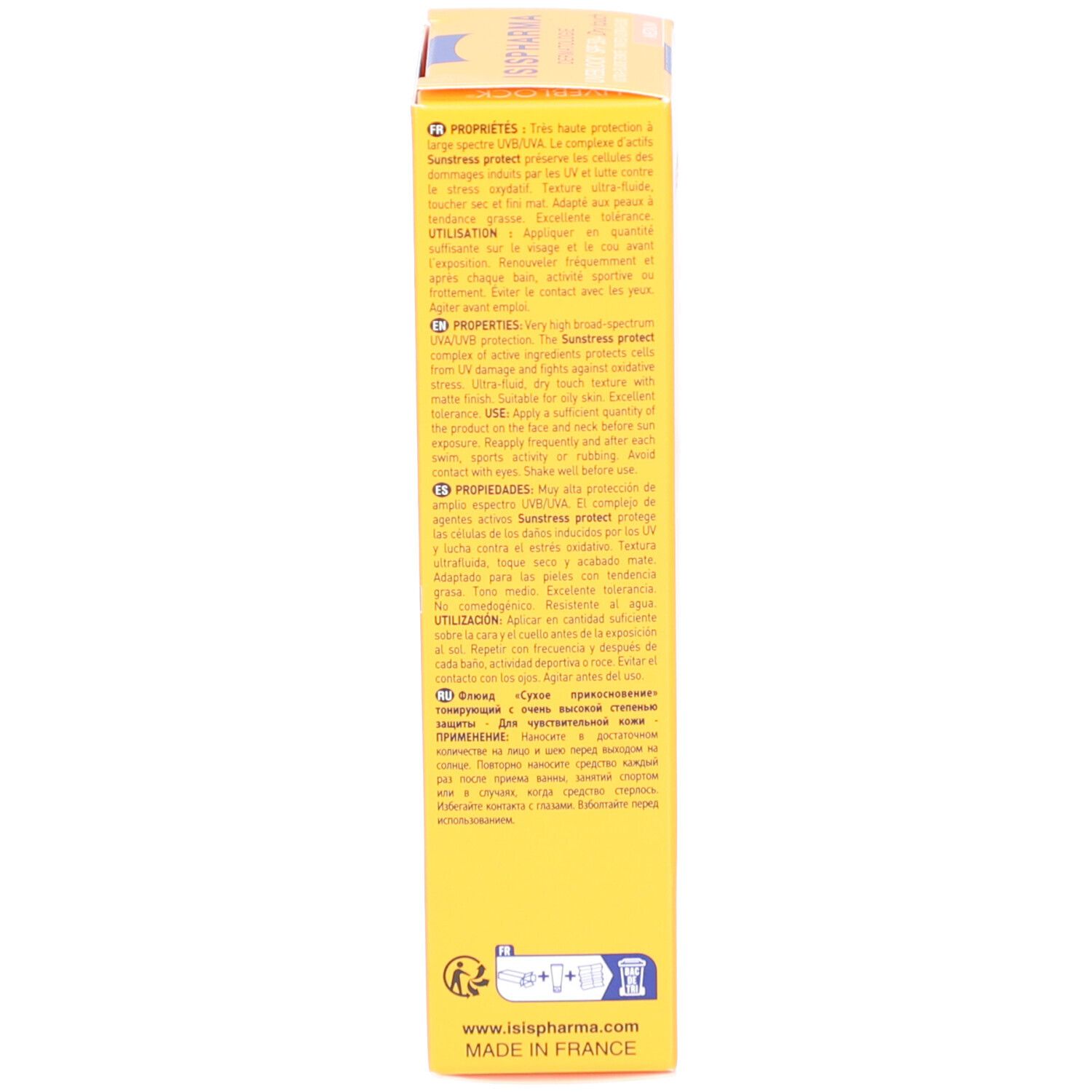 Dos de l'emballage du produit. Texte multilingue. Informations fabricant.