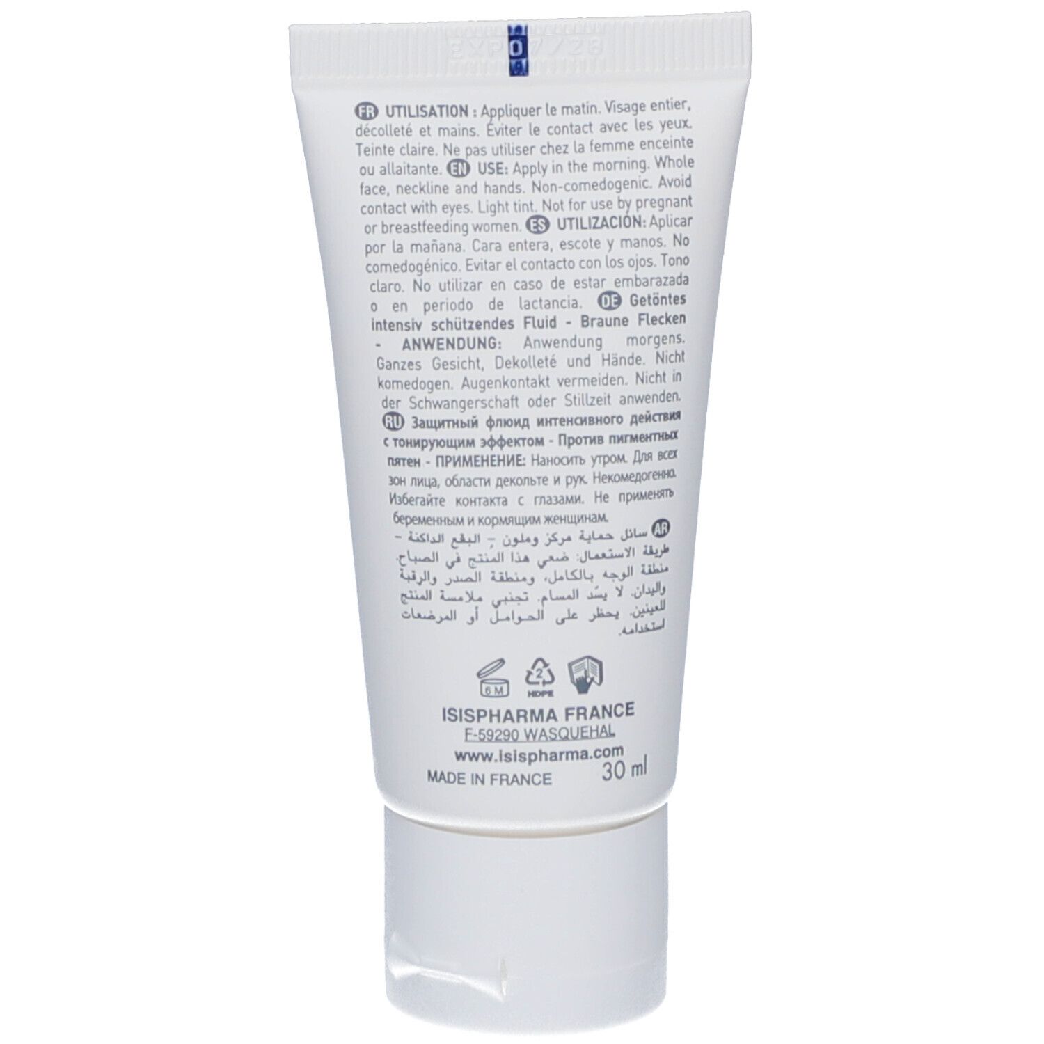 Dos du tube blanc. Texte multilingue. Logo et adresse ISISPHARMA. Fabriqué en France. 30 ml.