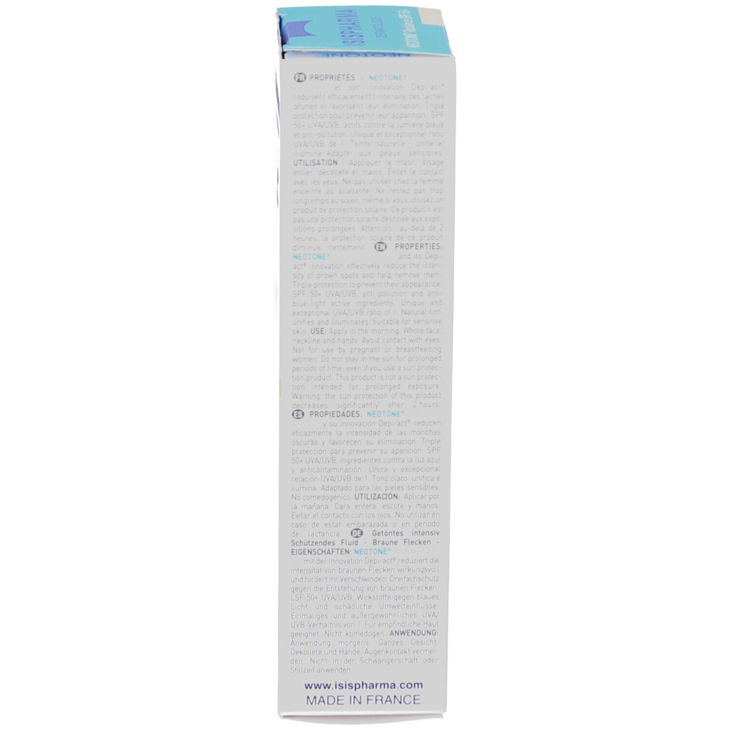 Côté de l'emballage du produit. Texte multilingue. Logo ISISPHARMA. Boîte bleue.