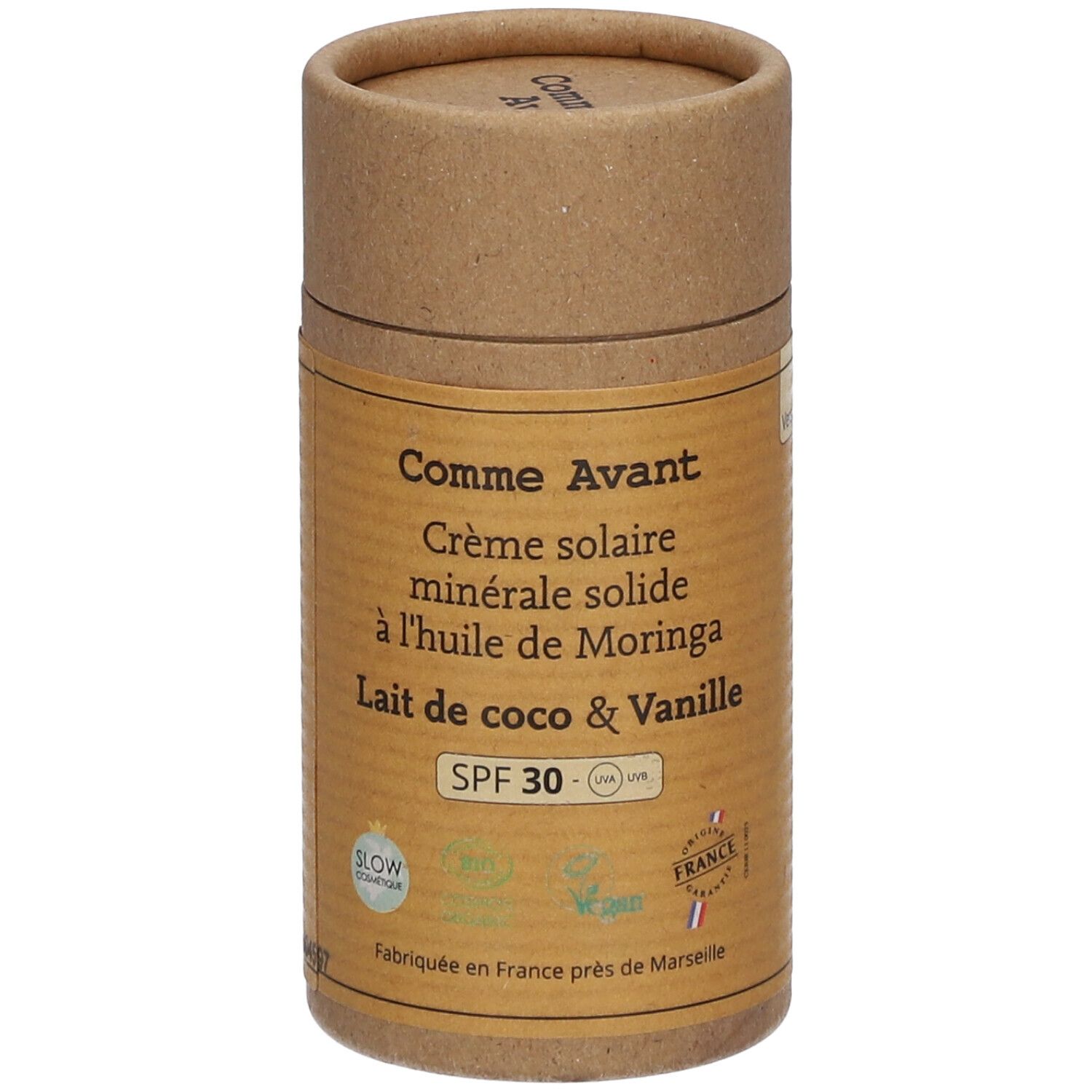 Comme Avant Crème solaire SPF30 minérale solide à l'huile de moringa Lait de coco & Vanille