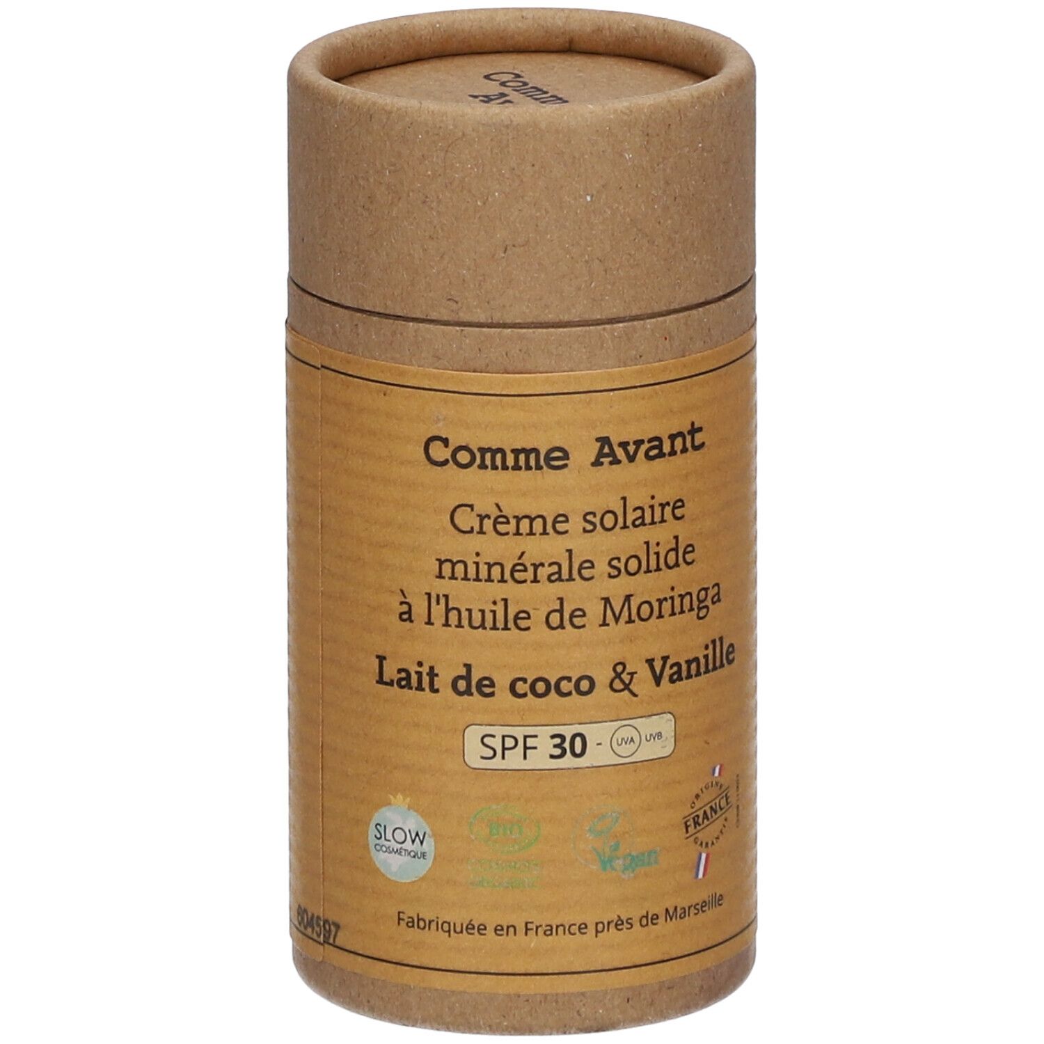 Comme Avant Crème solaire SPF30 minérale solide à l'huile de moringa Lait de coco & Vanille