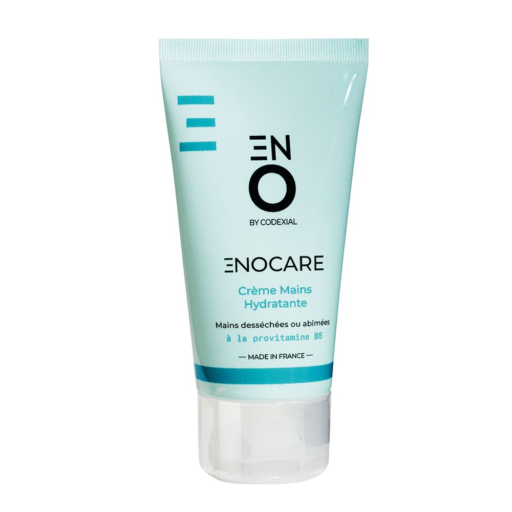 Tube bleu clair et blanc. Texte : ENOCARE Crème Mains Hydratante. Pour mains sèches ou abîmées. Avec provitamine B5. Fabriqué en France.