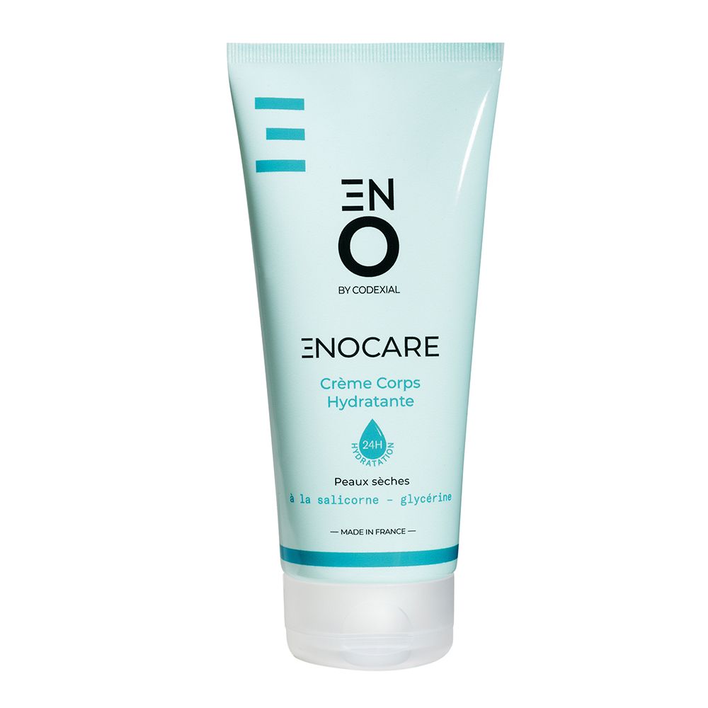Tube bleu clair. Inscription ENOCARE, Crème Corps Hydratante. Accents turquoise. Fabriqué en France.