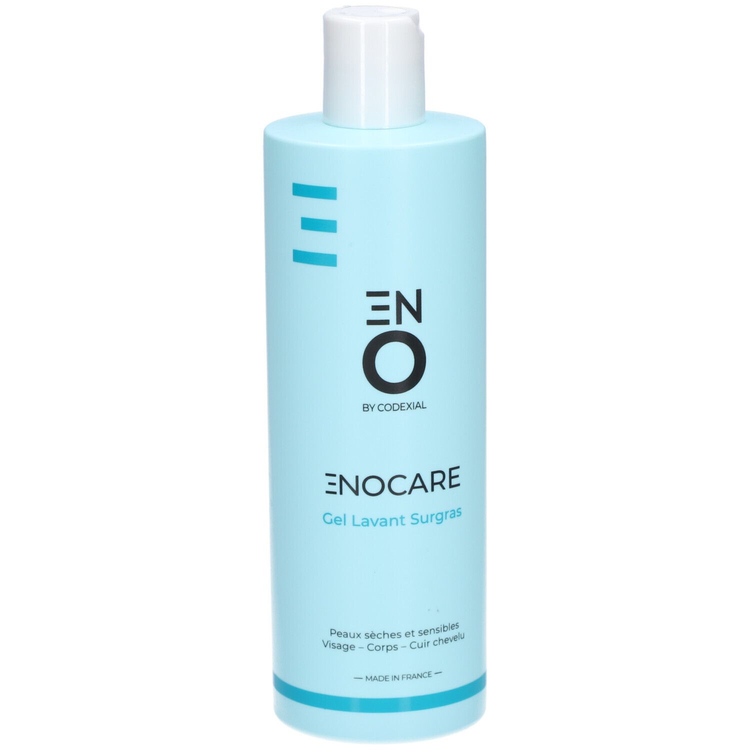 Flacon bleu clair avec bouchon blanc. Inscription: ENO, ENOCARE Gel Lavant Surgras. Pour peaux sèches et sensibles.