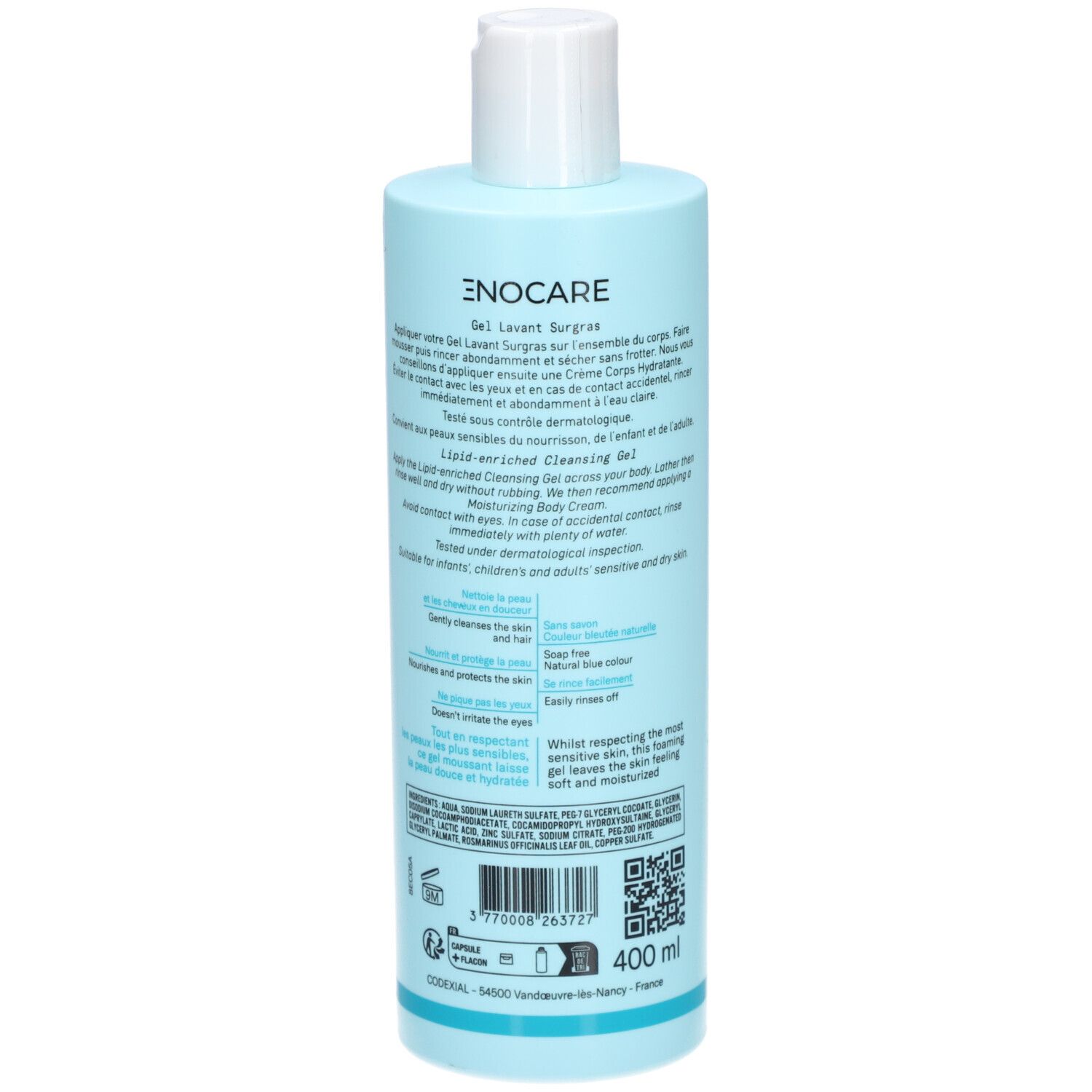 Flacon bleu clair, dos. Texte: Gel Lavant Surgras. Ingrédients, instructions d'utilisation. Volume: 400 ml. Testé dermatologiquement.