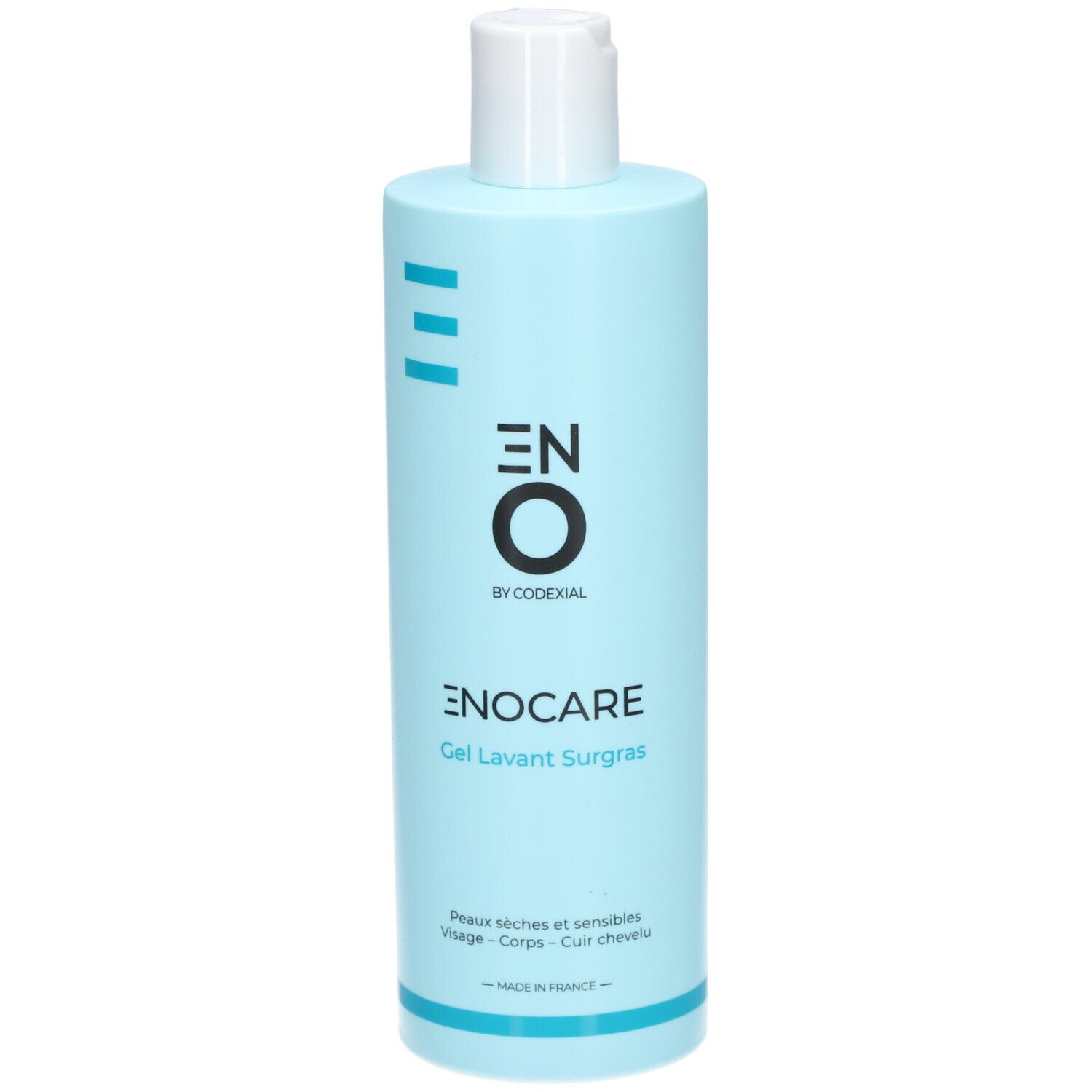 Flacon bleu clair avec bouchon blanc. Inscription: ENO, ENOCARE Gel Lavant Surgras. Pour peaux sèches et sensibles.