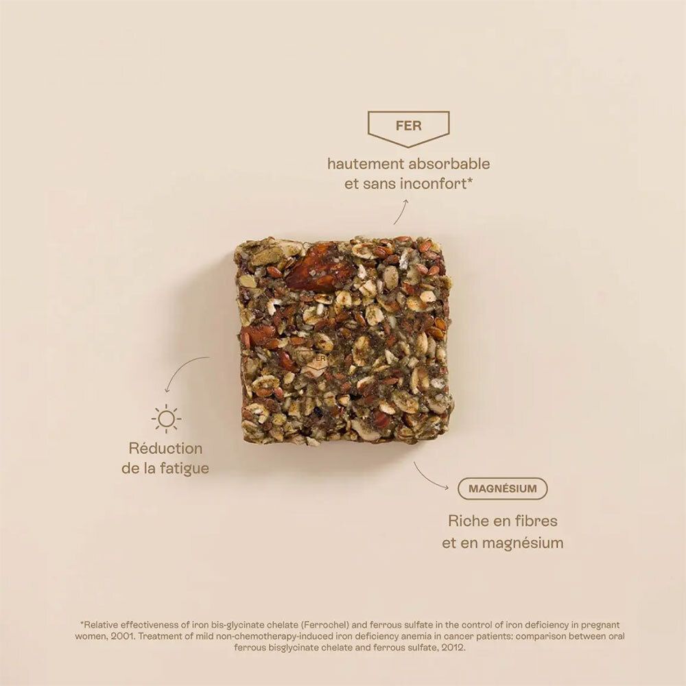 Barre carrée avec céréales et noix. Texte: « FER », « Magnésium », « Réduction de la fatigue ».