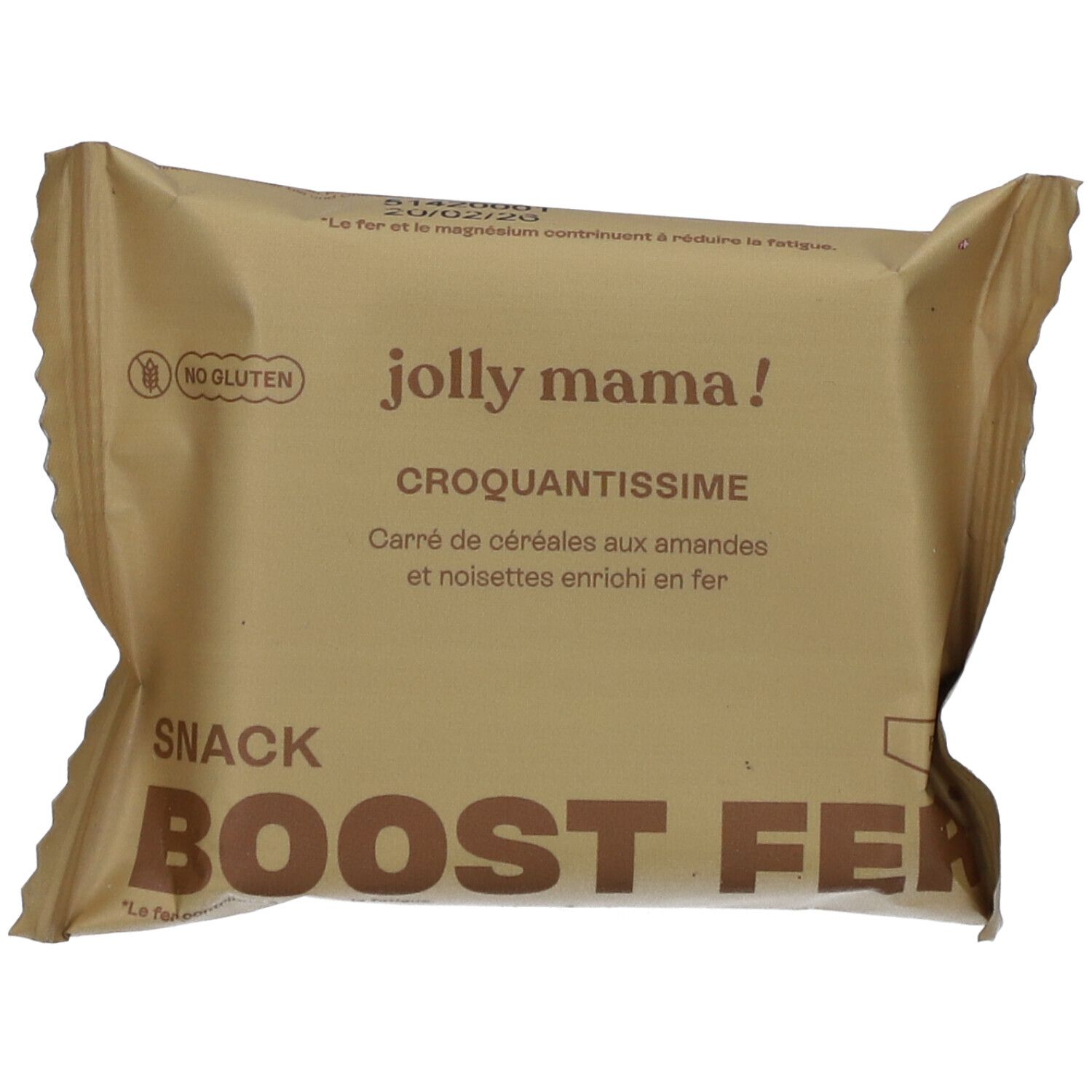 Emballage "jolly mama!" et "BOOST FER". Symbole sans gluten. Forme carrée, couleur brun doré.